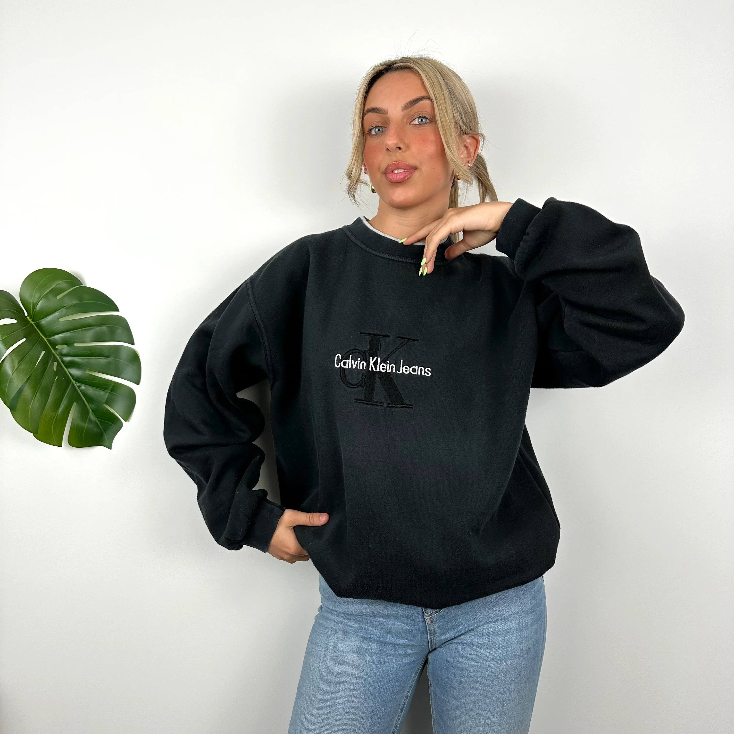 Calvin Klein RARE Black Embroidered Spell Out Sweatshirt (XL) - Image 2