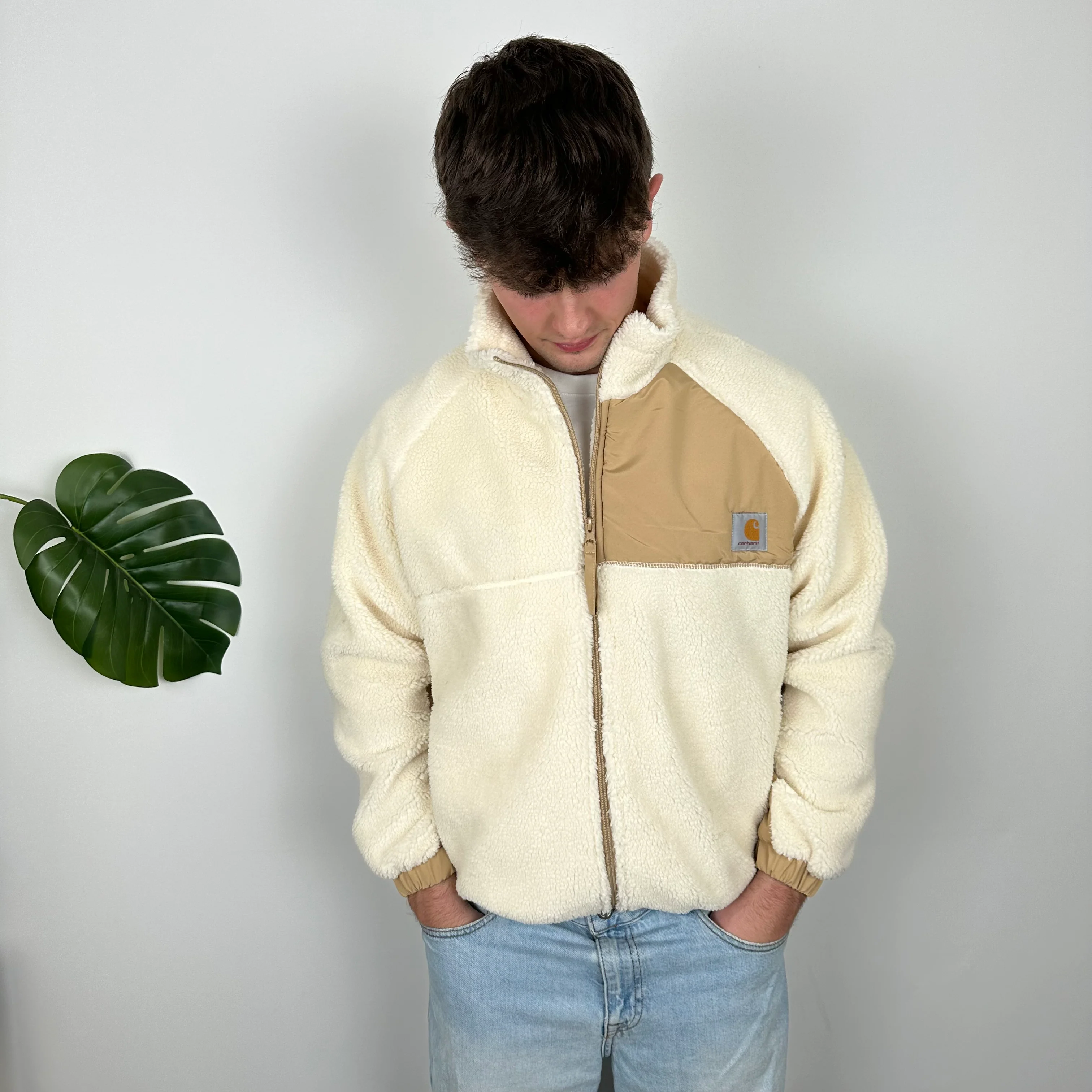 Carhartt Cream Teddy Bear Sherpa Fleece Zip Up Jacket (M) - Image 2