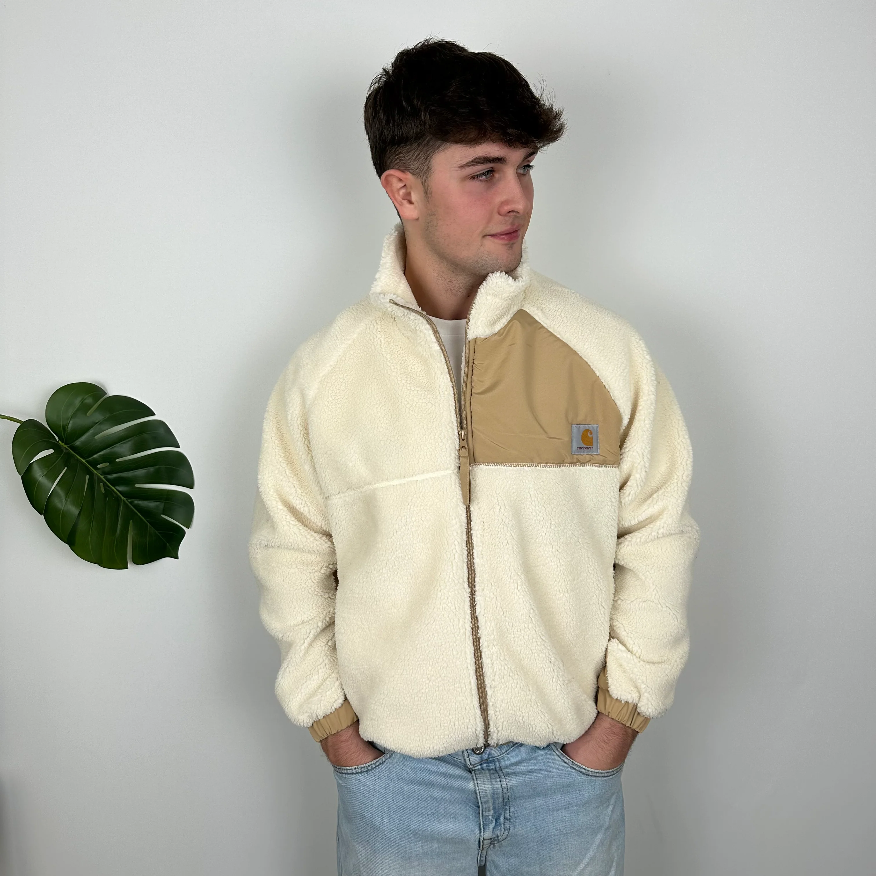 Carhartt Cream Teddy Bear Sherpa Fleece Zip Up Jacket (M) - Image 3