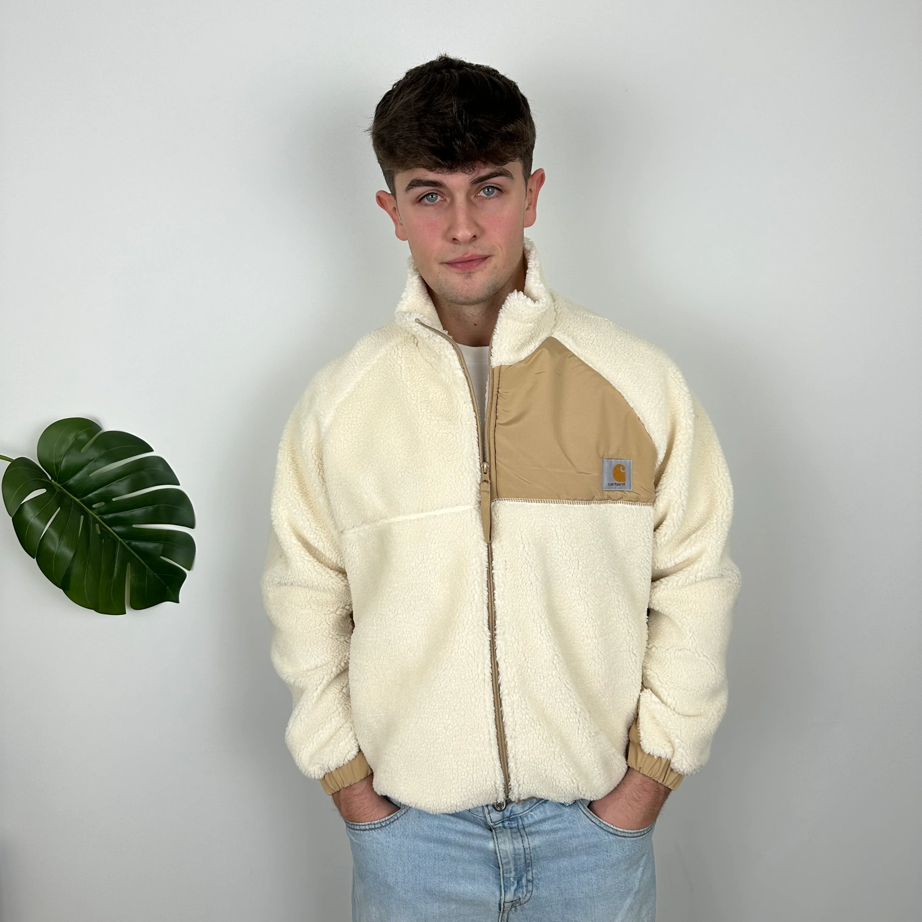 Carhartt Cream Teddy Bear Sherpa Fleece Zip Up Jacket (M) - Image 4