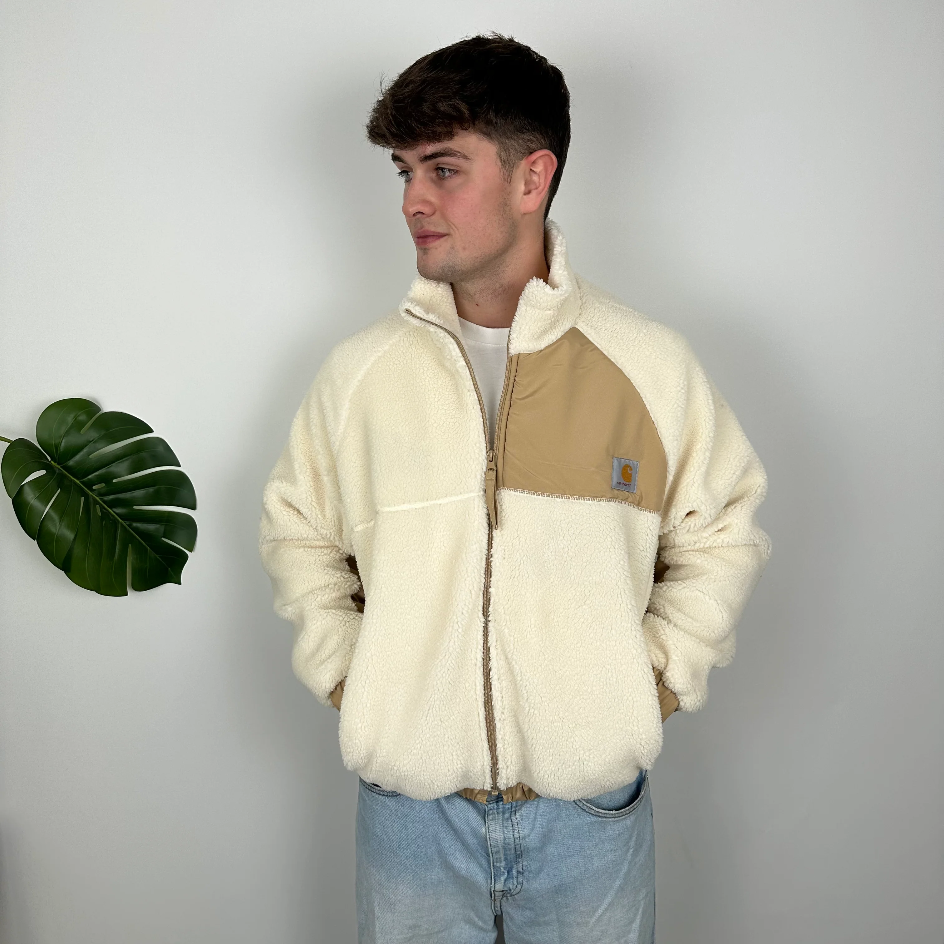 Carhartt Cream Teddy Bear Sherpa Fleece Zip Up Jacket (M) - Image 5