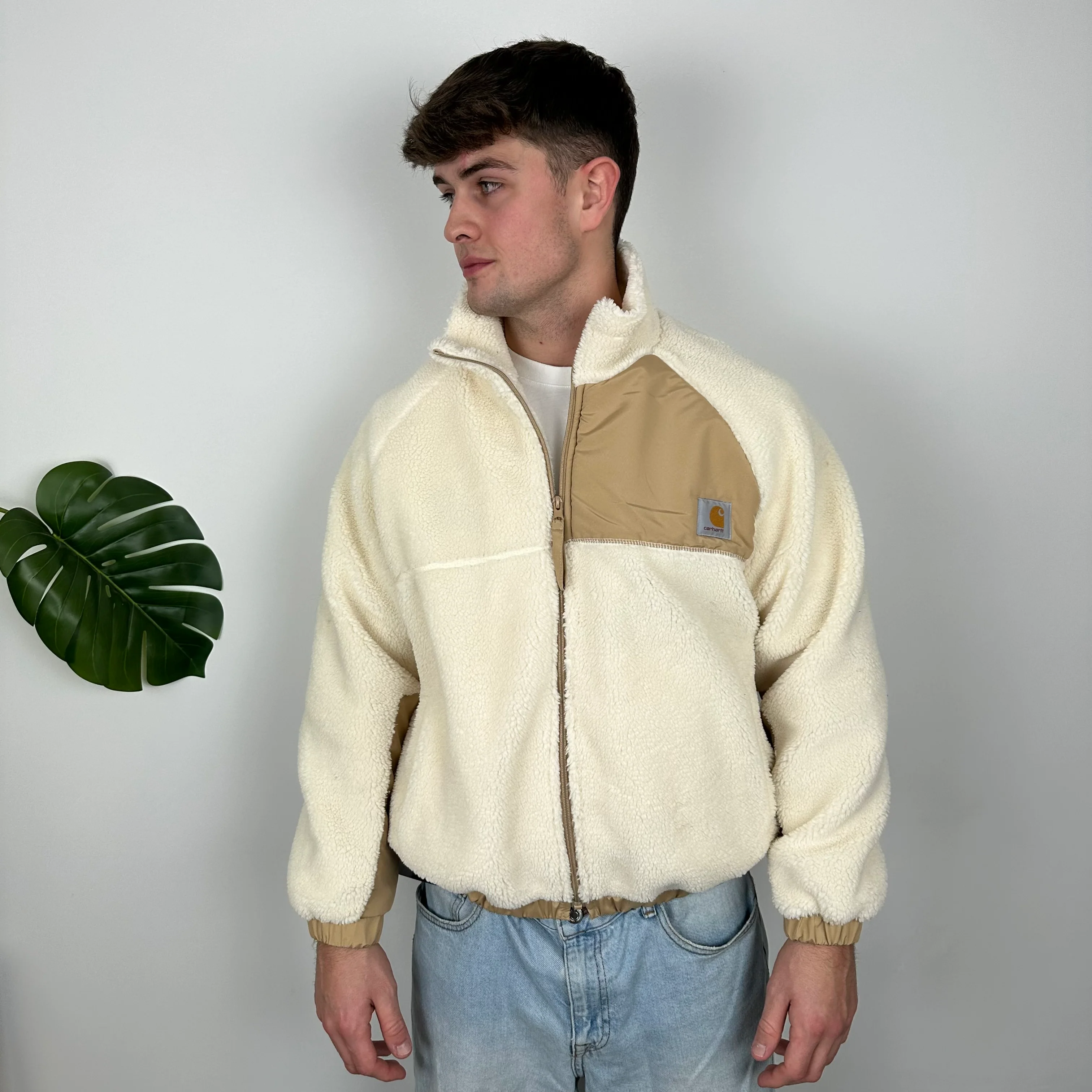 Carhartt Cream Teddy Bear Sherpa Fleece Zip Up Jacket (M) - Image 7