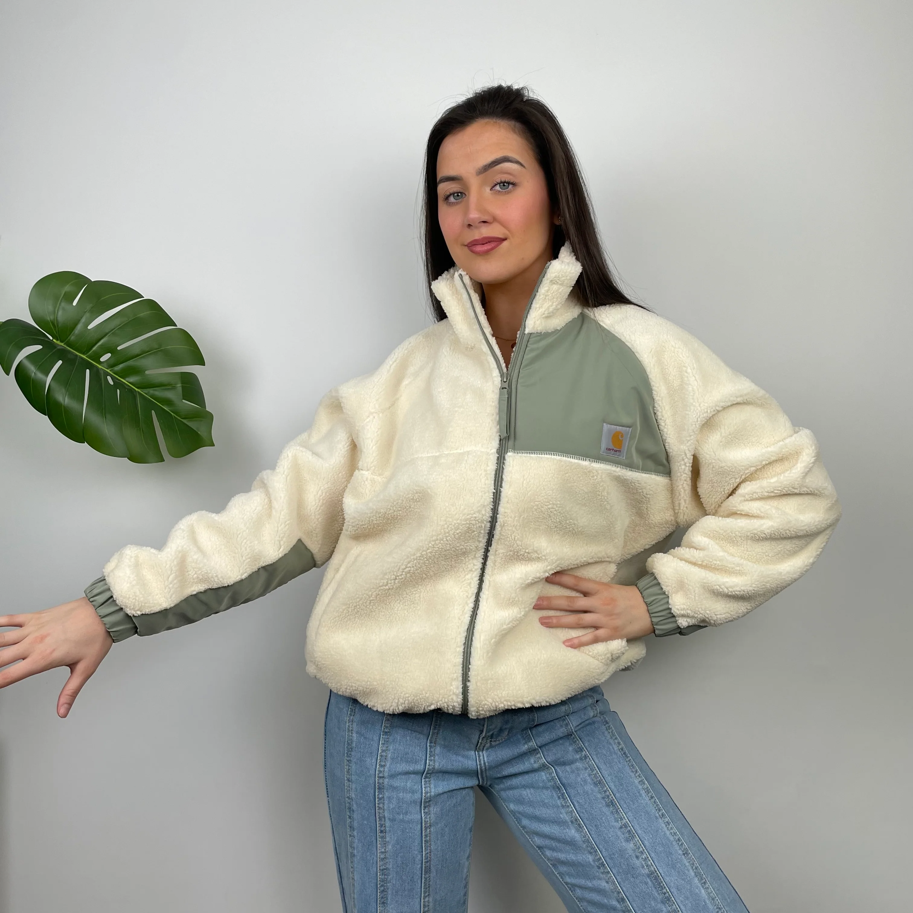 Carhartt Cream Teddy Bear Sherpa Fleece Zip Up Jacket (M) - Image 3