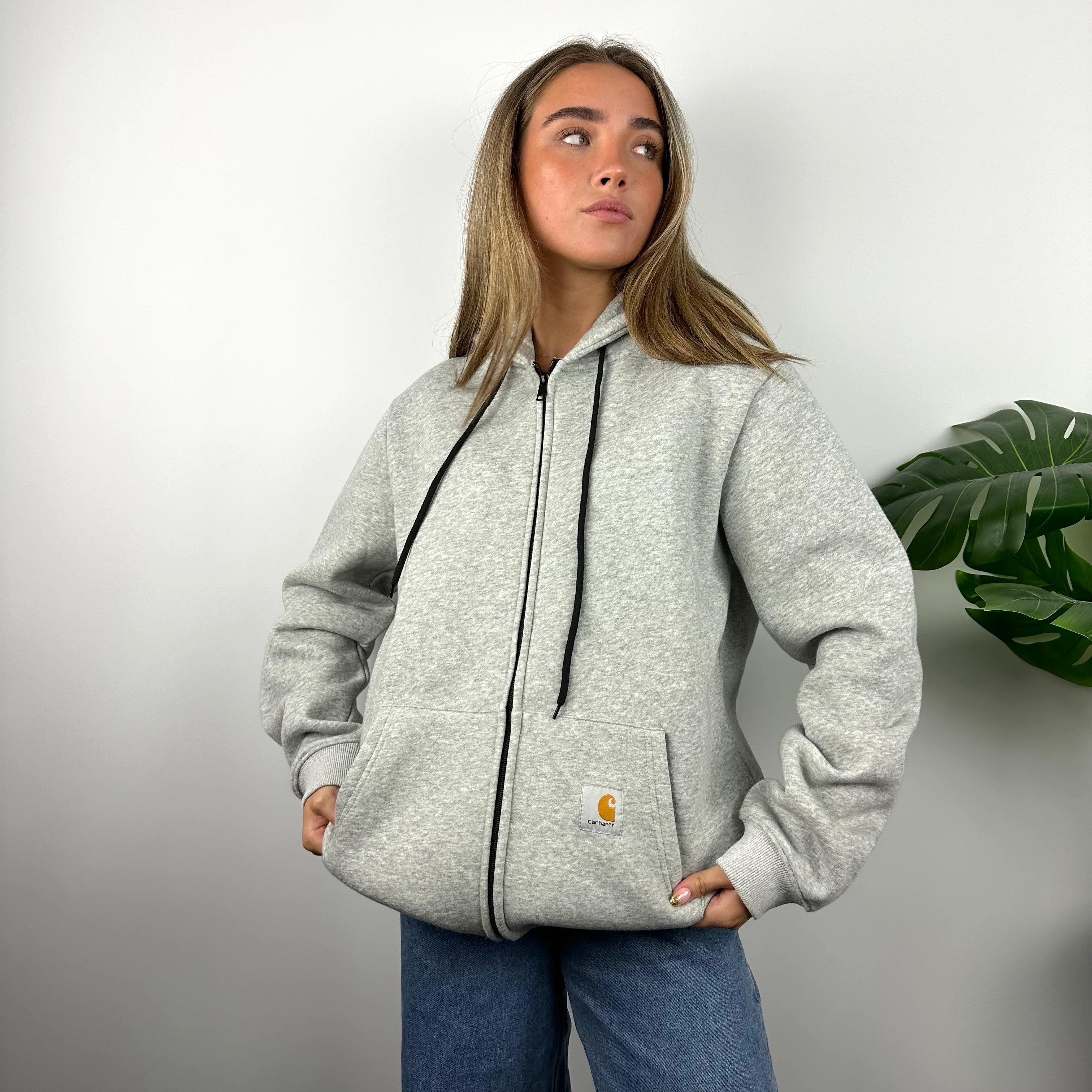 Carhartt Grey Embroidered Logo Zip Up Hoodie Jacket (M) - Image 3