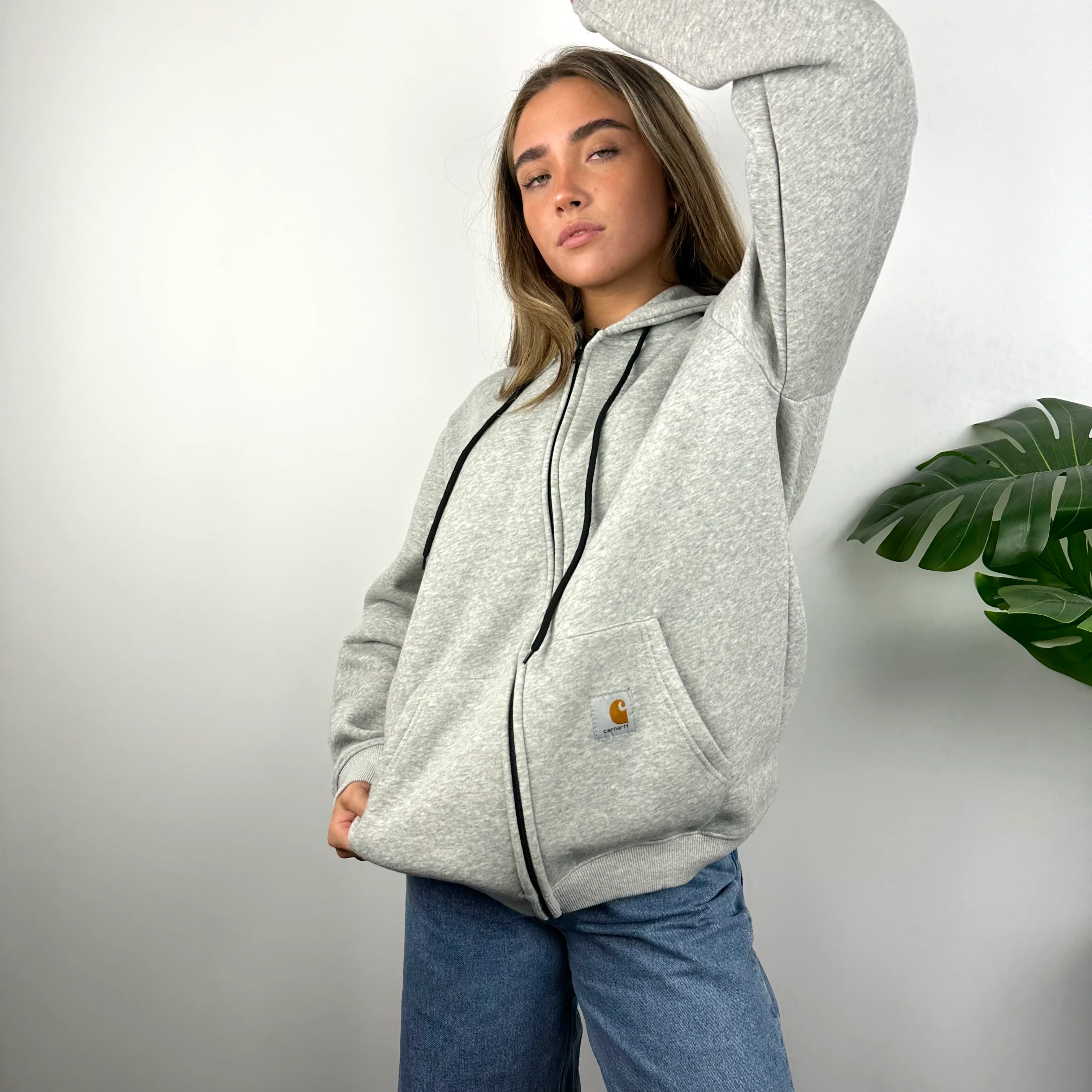 Carhartt Grey Embroidered Logo Zip Up Hoodie Jacket (M) - Image 4