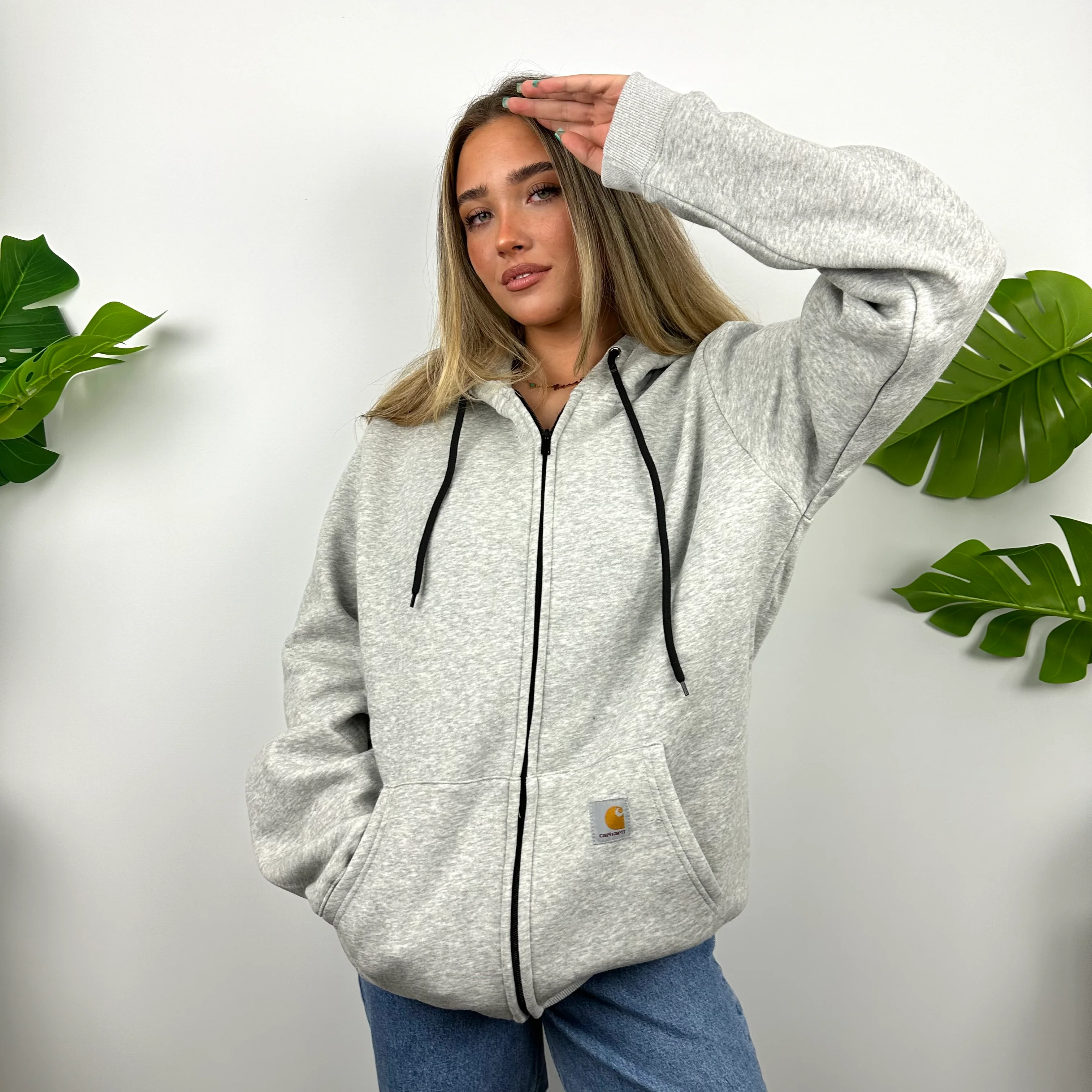 Carhartt Grey Embroidered Zip Up Hoodie Jacket (M) - Image 3