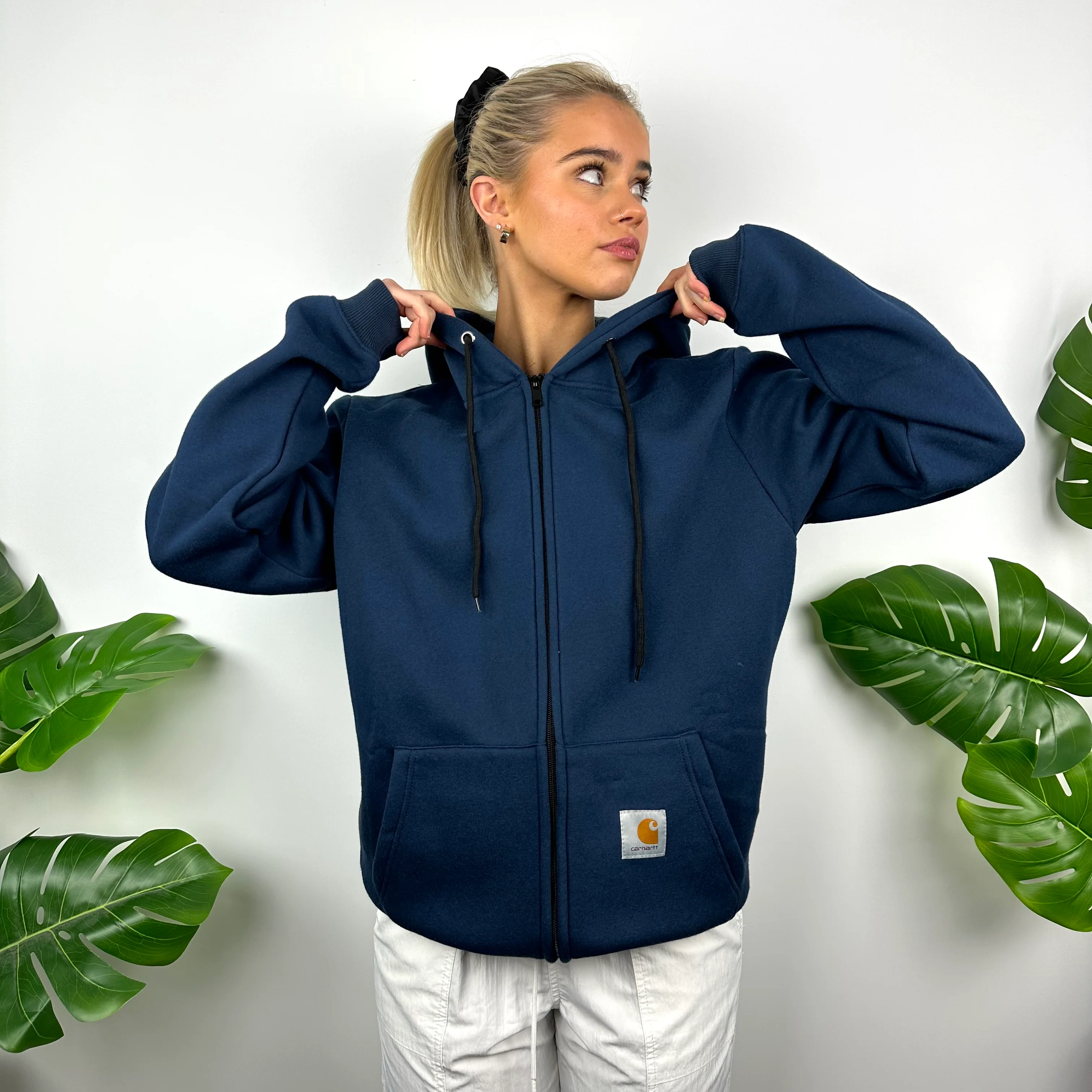 Carhartt Navy Embroidered Logo Zip Up Hoodie Jacket (M) - Image 3