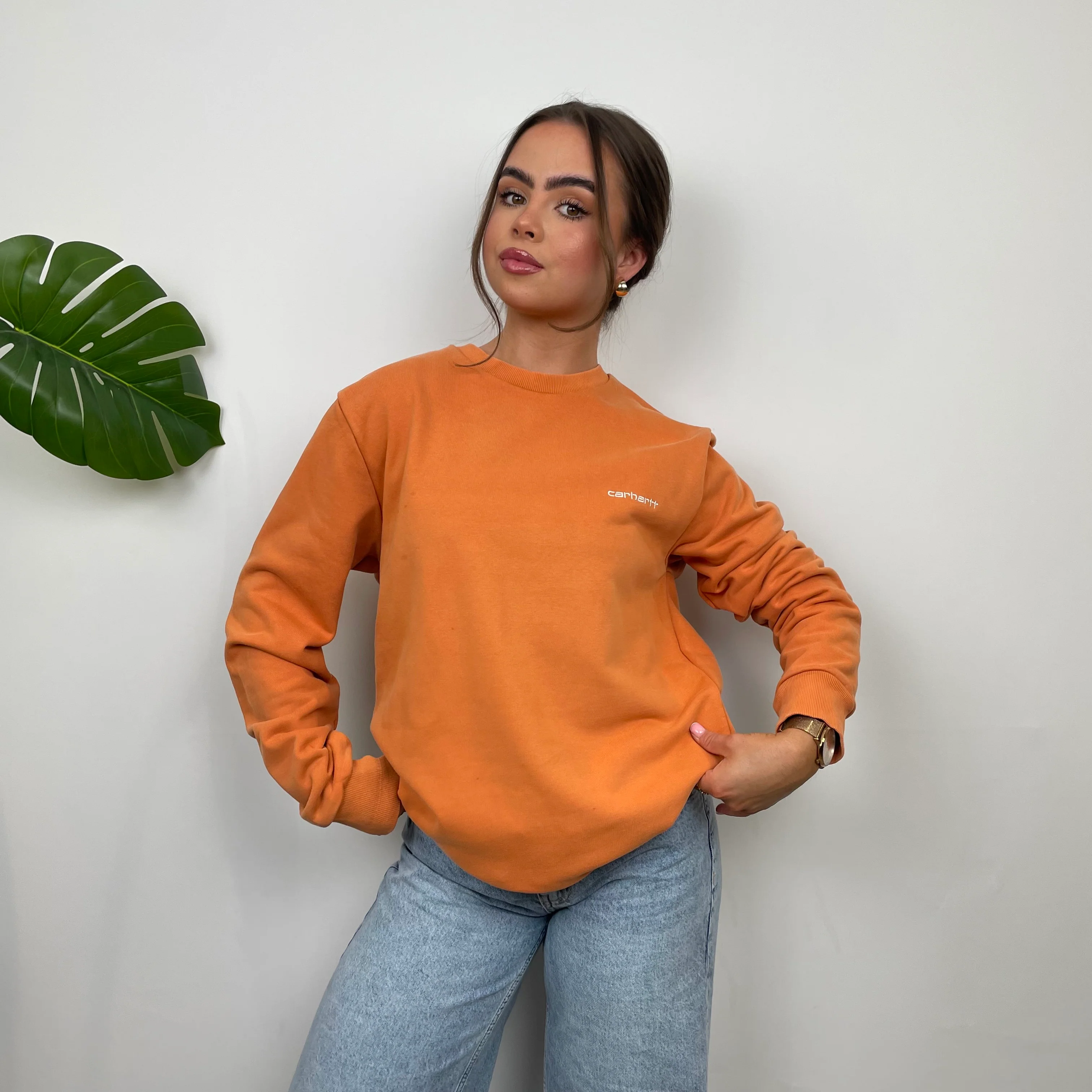Carhartt Orange Embroidered Spell Out Sweatshirt (M) - Image 2