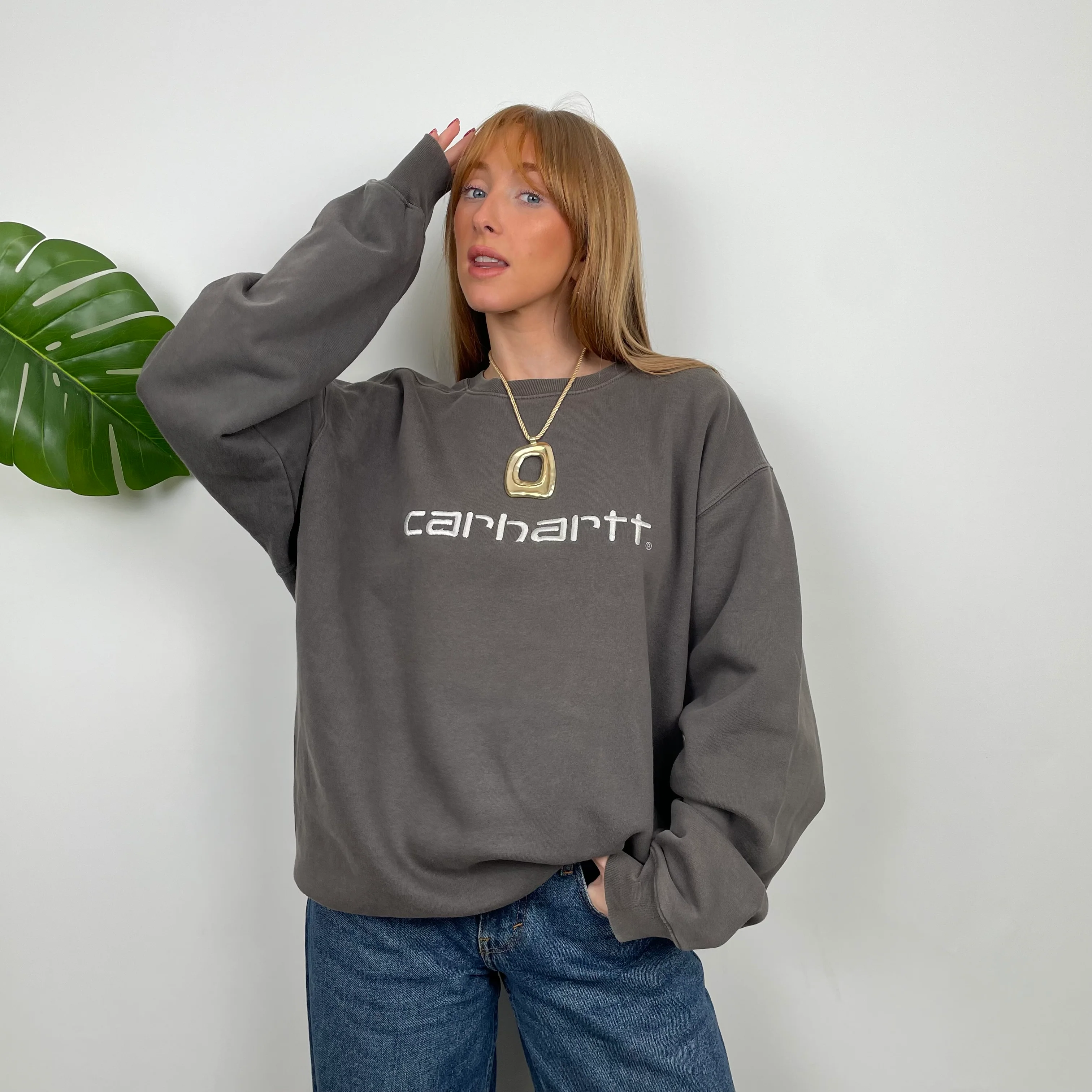 Carhartt RARE Grey Embroidered Spell Out Sweatshirt (L) - Image 3