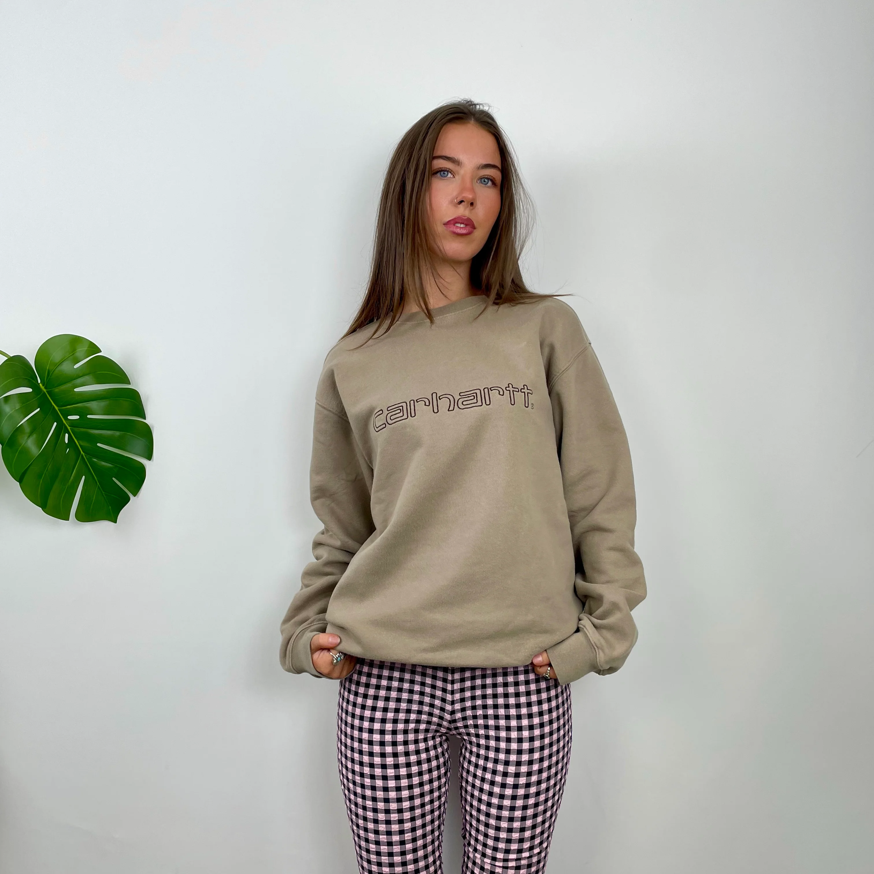 Carhartt RARE Tan Brown Embroidered Spell Out Sweatshirt (L)