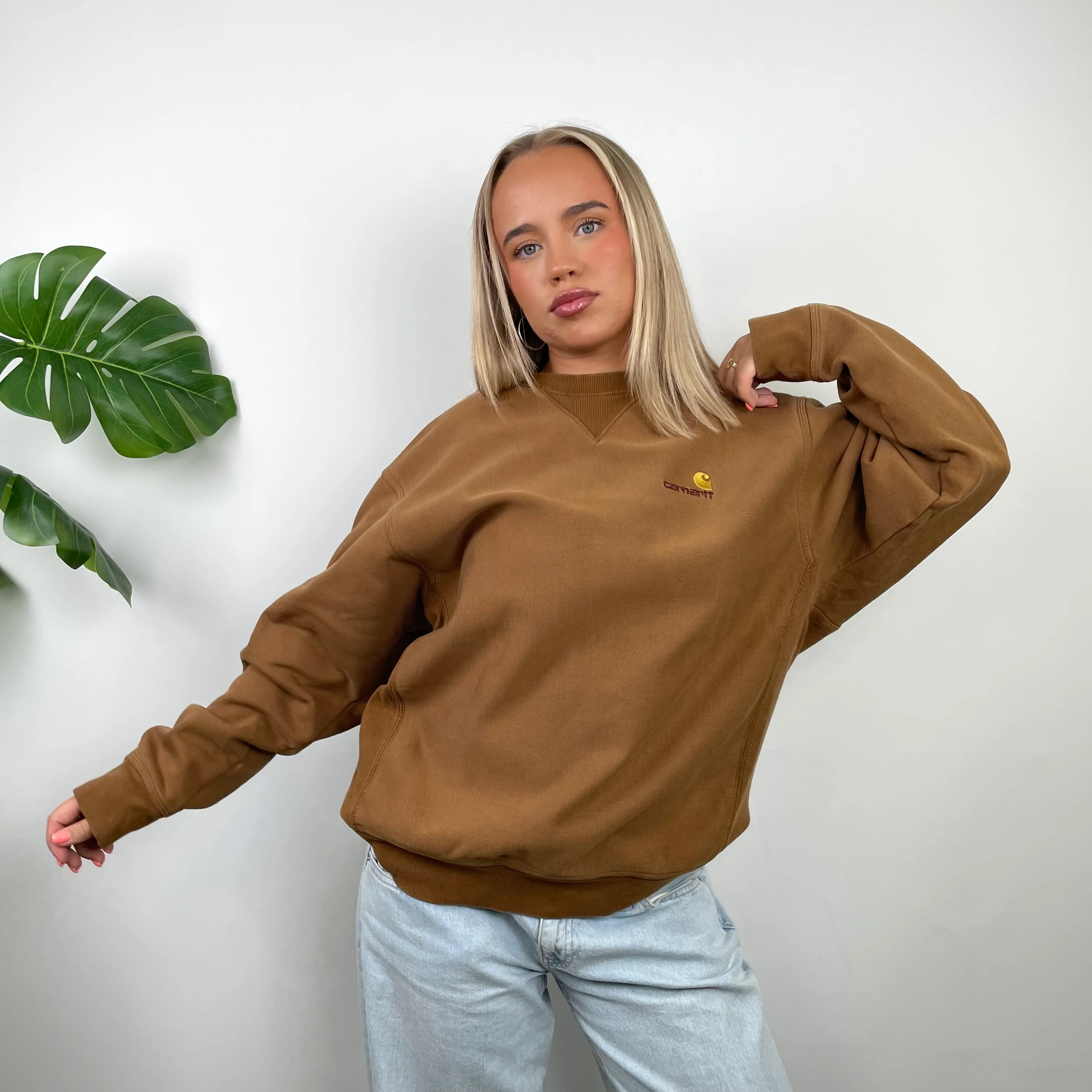 Carhartt RARE Tan Brown Embroidered Spell Out Sweatshirt (L) - Image 2