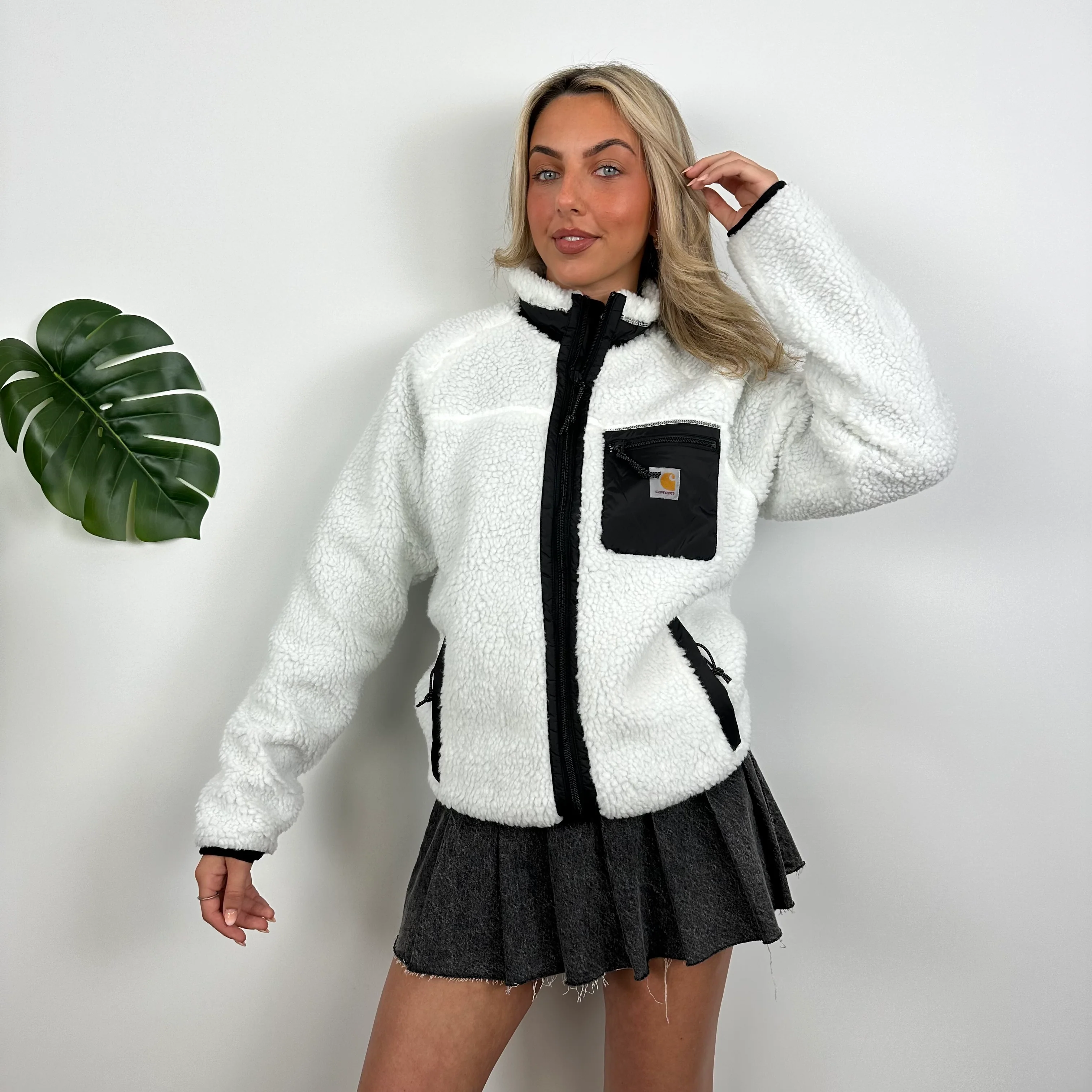 Carhartt White Teddy Bear Sherpa Fleece Zip Up Jacket (M) - Image 7