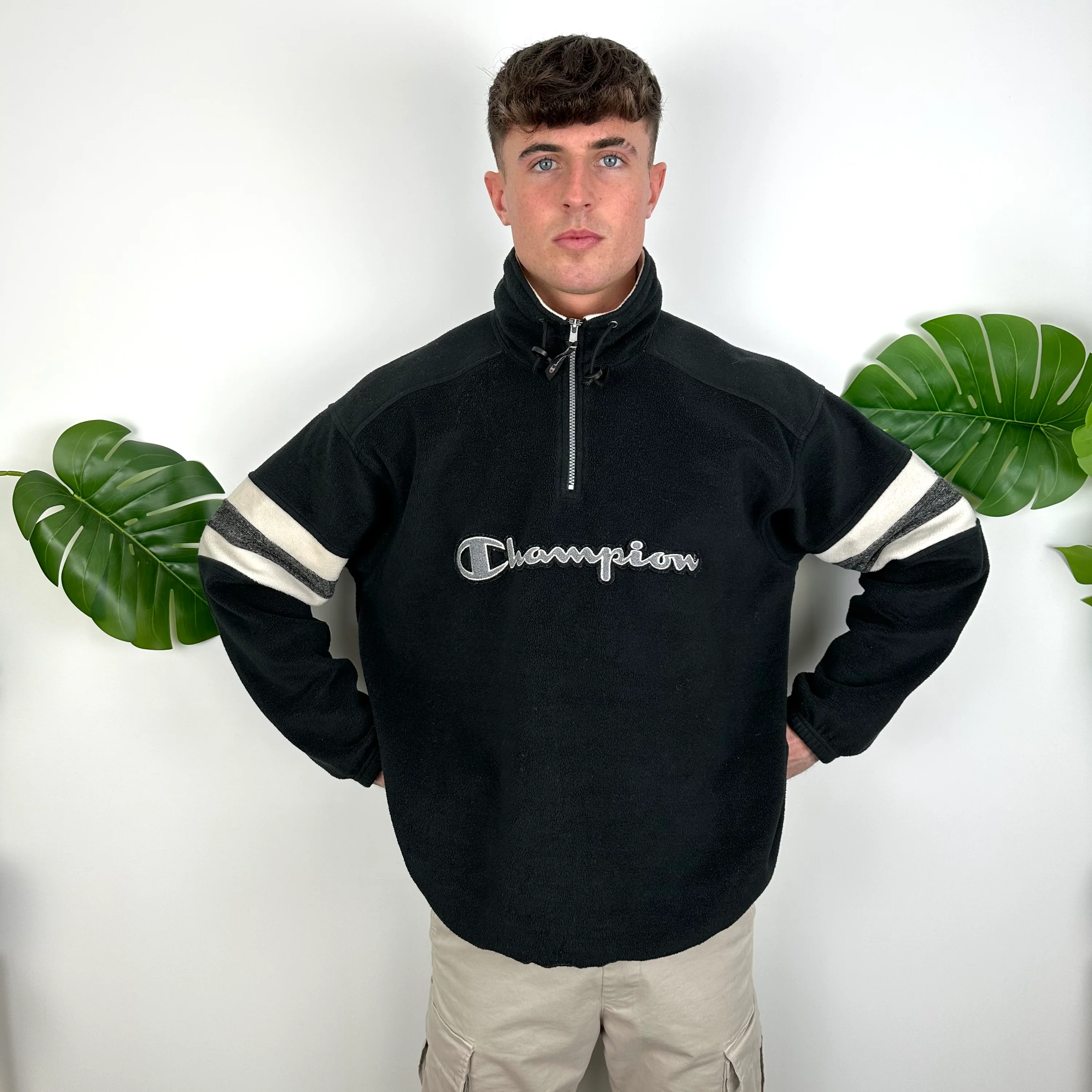 Champion Black Embroidered Spell Out Teddy Bear Fleece Quarter Zip Sweatshirt (M) - Image 3