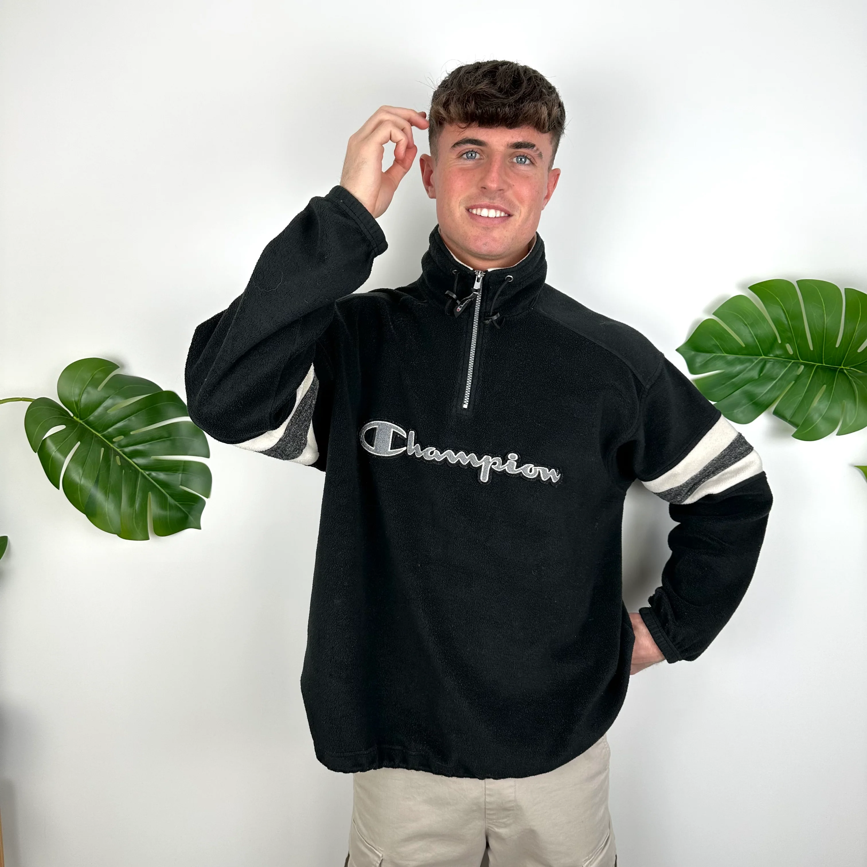 Champion Black Embroidered Spell Out Teddy Bear Fleece Quarter Zip Sweatshirt (M) - Image 6