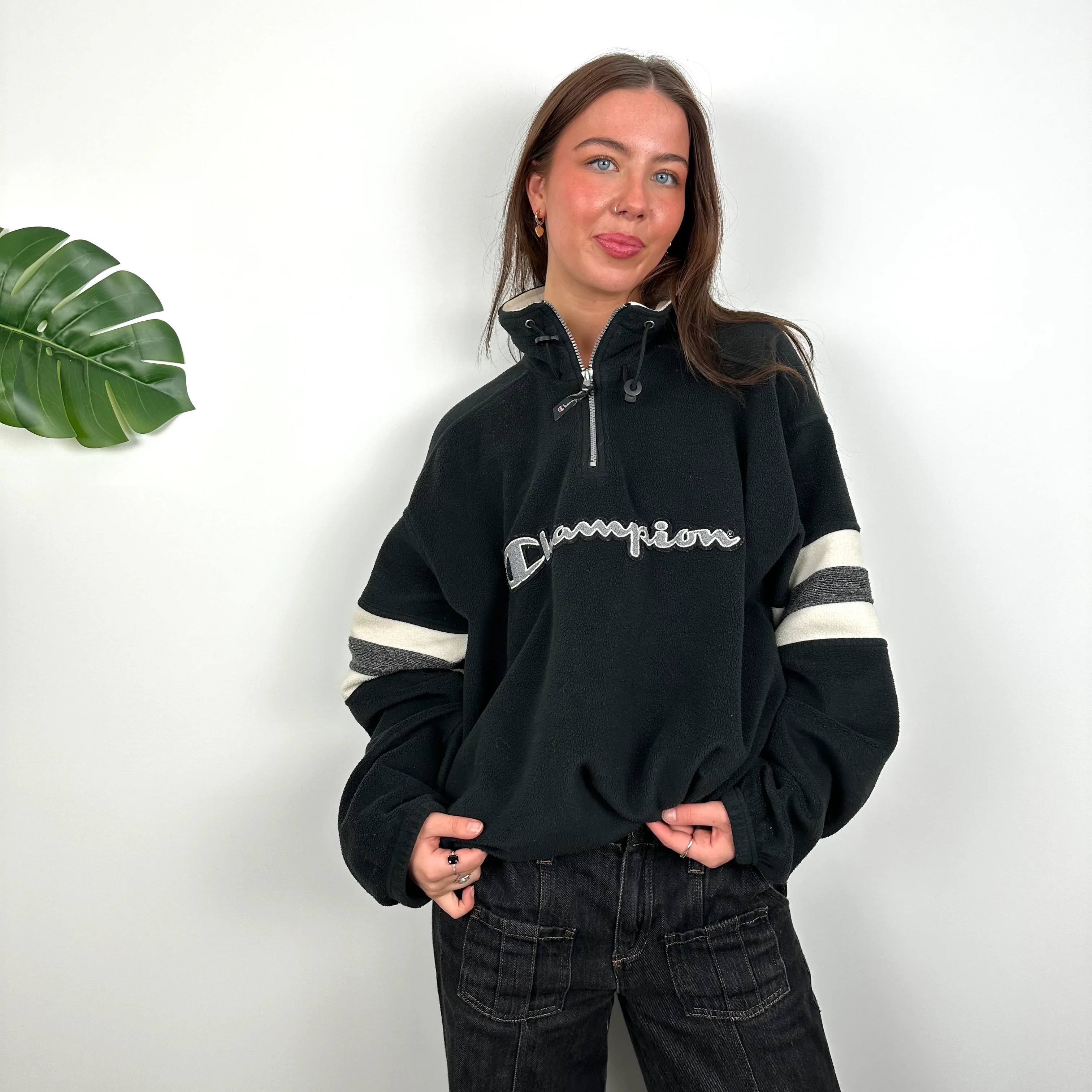 Champion Black Embroidered Spell Out Teddy Bear Fleece Quarter Zip Sweatshirt (M) - Image 4