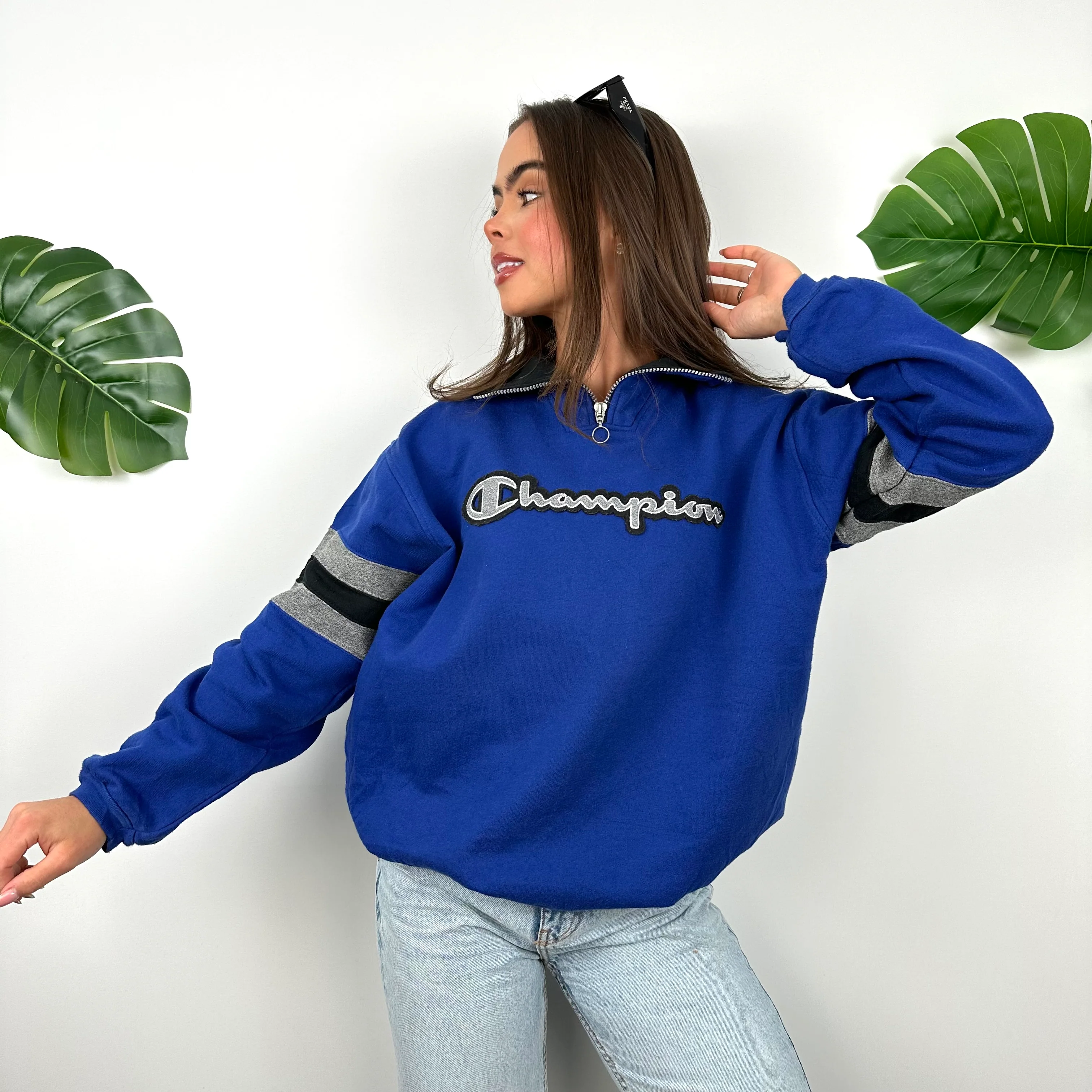 Champion Blue Embroidered Spell Out Quarter Zip Sweatshirt (S) - Image 3