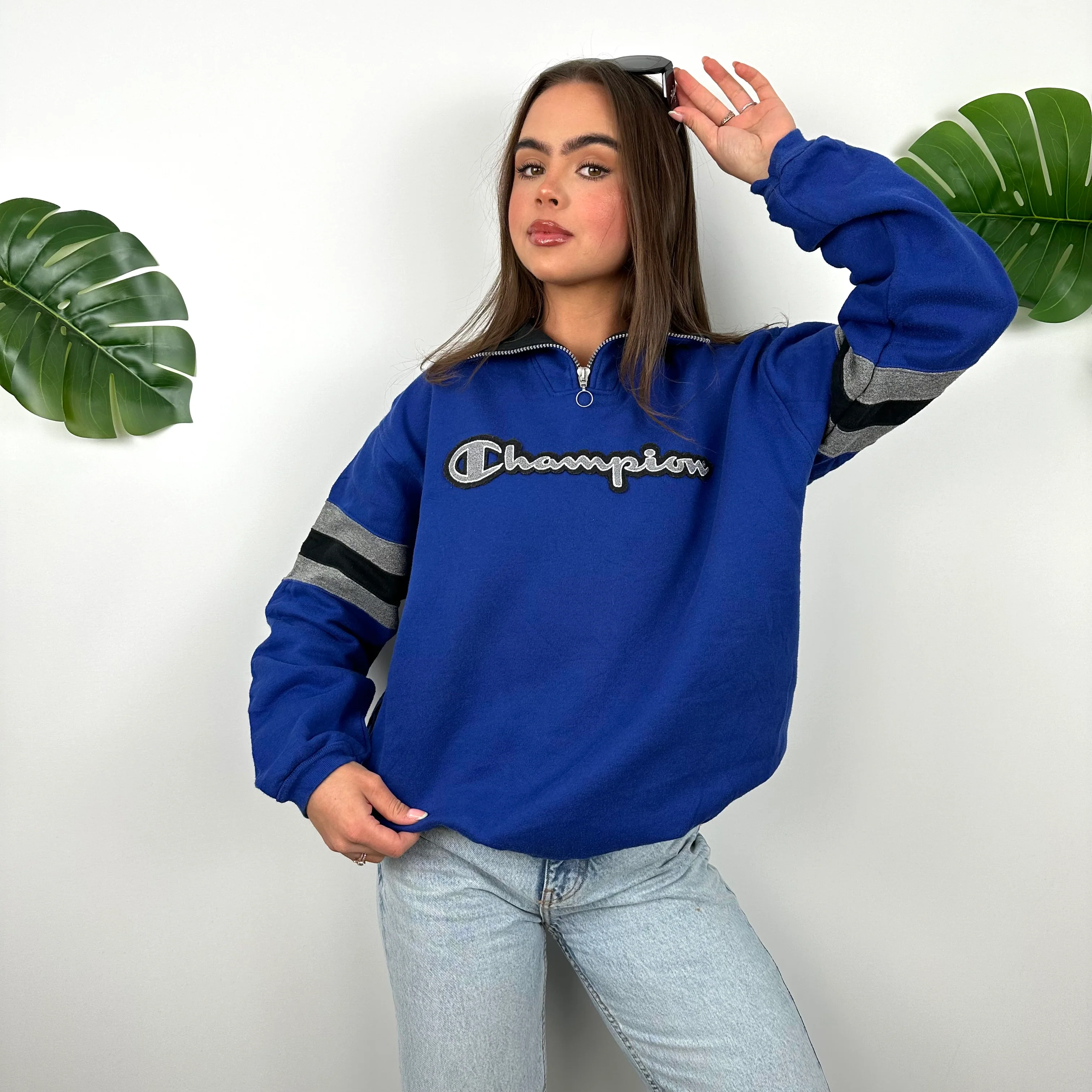 Champion Blue Embroidered Spell Out Quarter Zip Sweatshirt (S) - Image 4