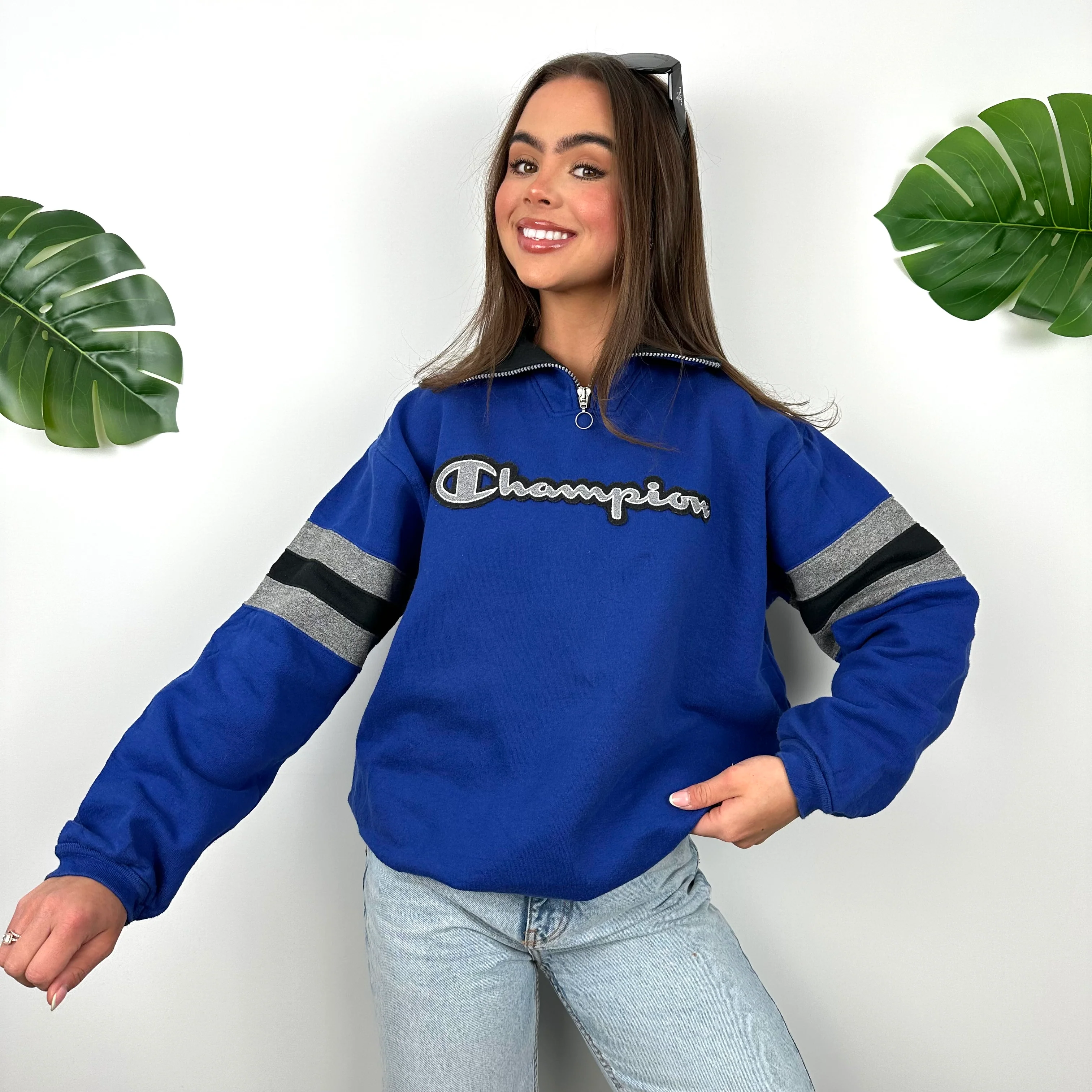 Champion Blue Embroidered Spell Out Quarter Zip Sweatshirt (S) - Image 5