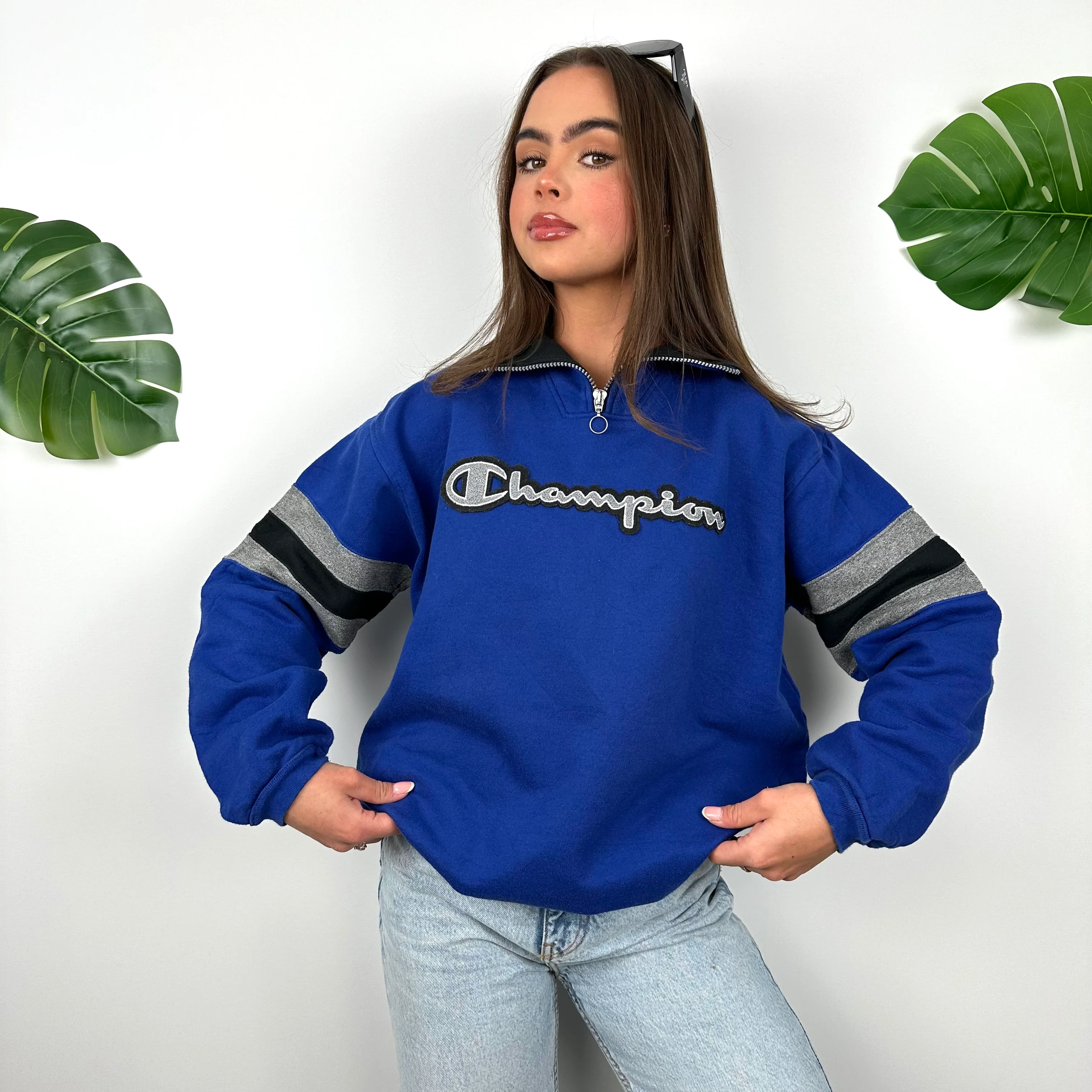 Champion Blue Embroidered Spell Out Quarter Zip Sweatshirt (S) - Image 6