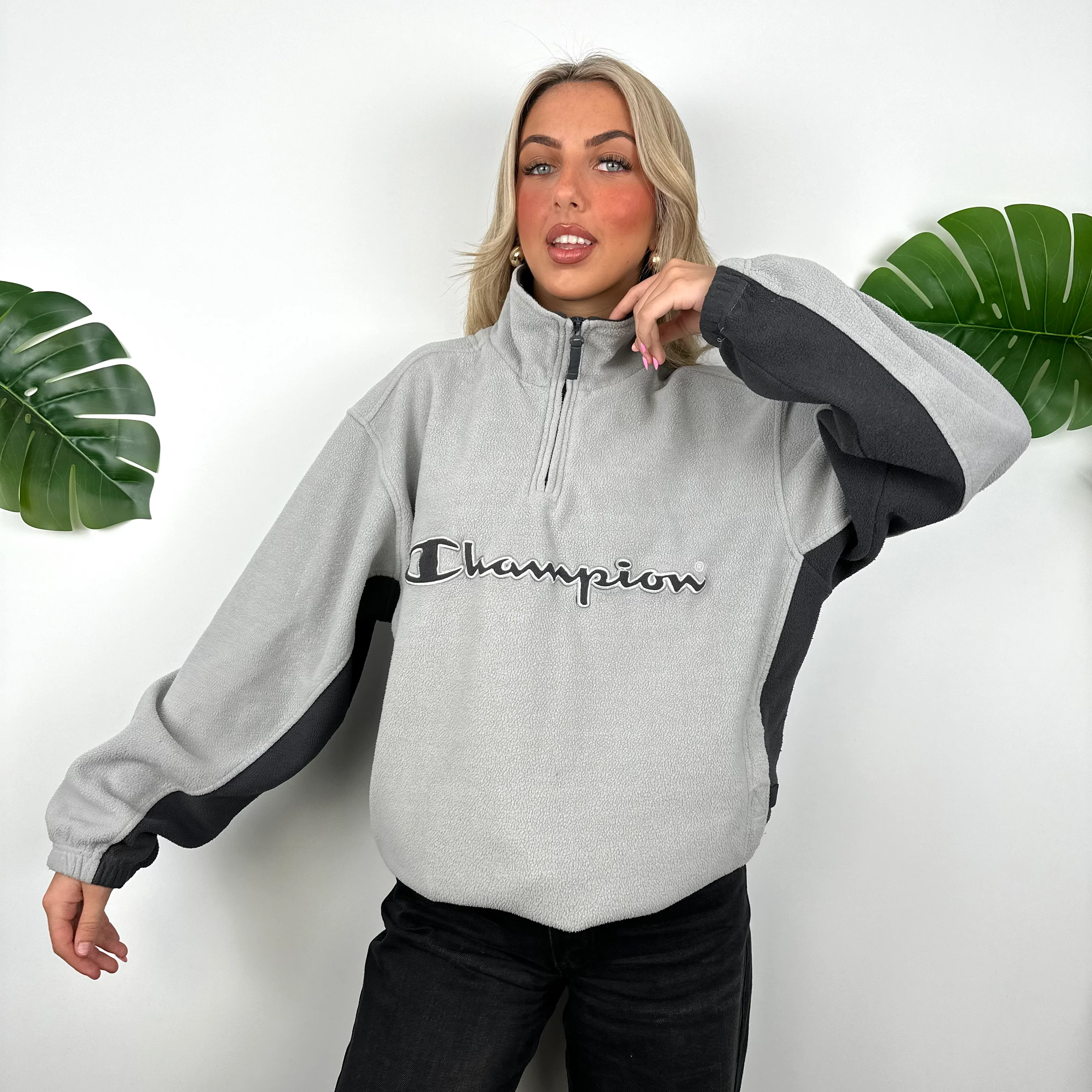 Champion Grey Embroidered Spell Out Teddy Bear Fleece Quarter Zip Sweatshirt (M) - Image 3