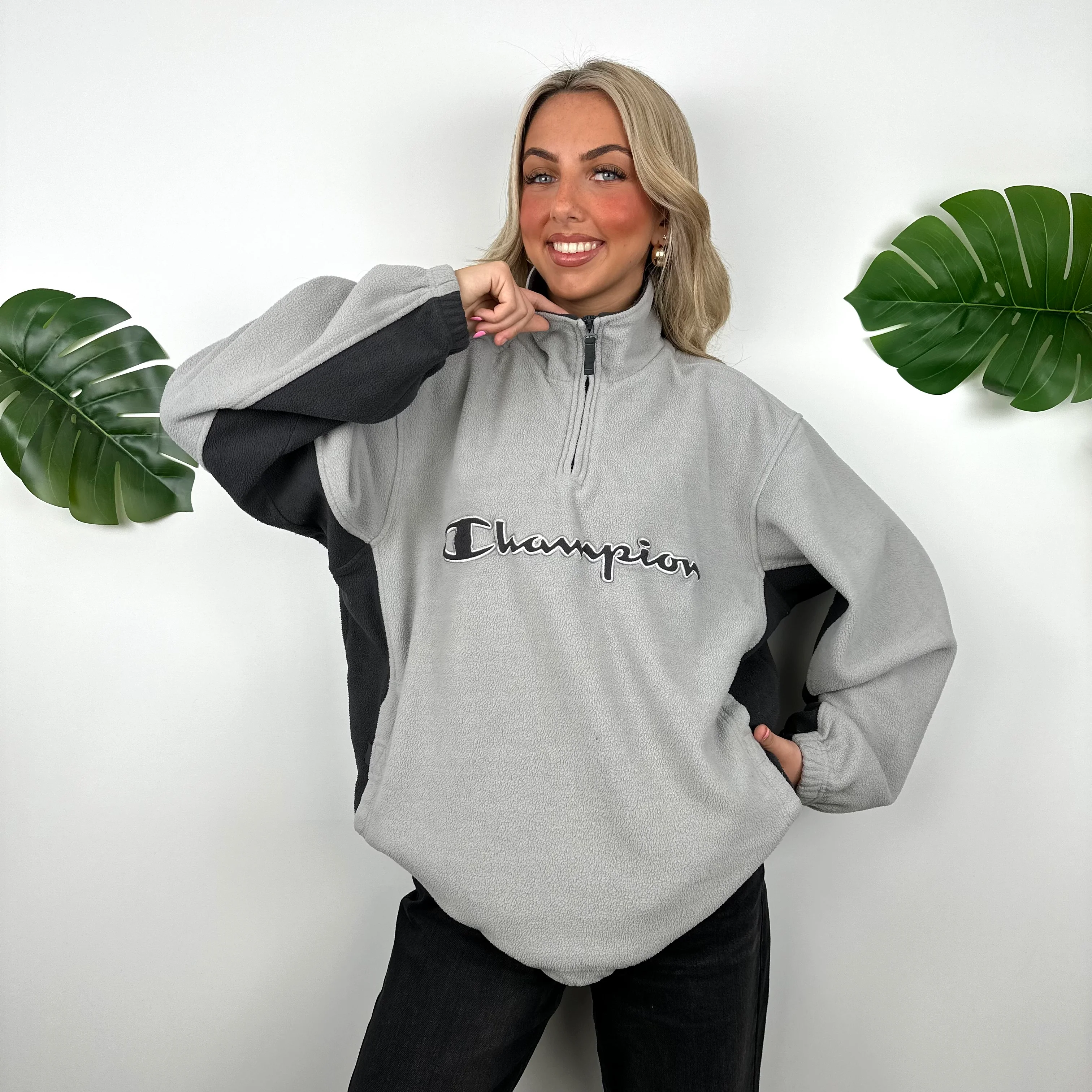 Champion Grey Embroidered Spell Out Teddy Bear Fleece Quarter Zip Sweatshirt (M) - Image 4