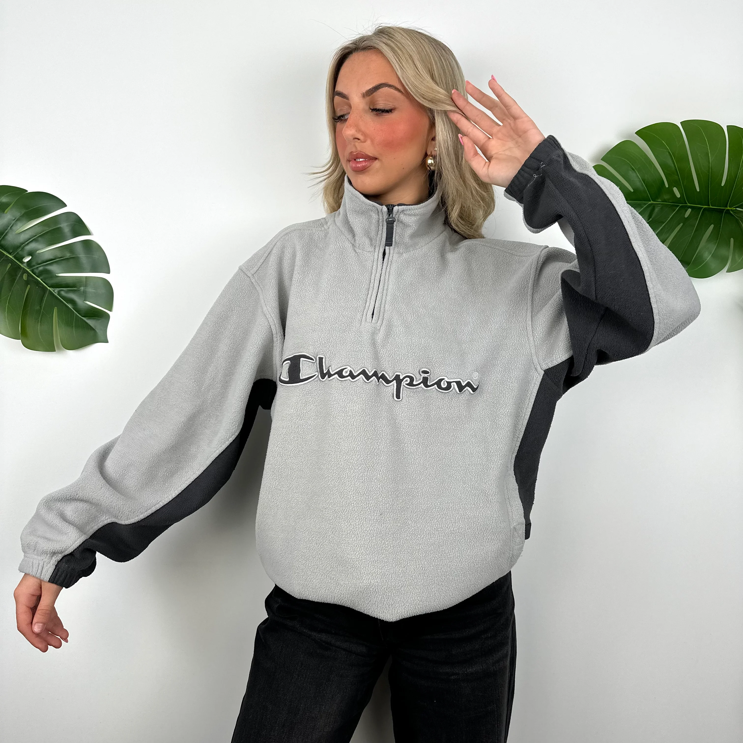 Champion Grey Embroidered Spell Out Teddy Bear Fleece Quarter Zip Sweatshirt (M) - Image 5