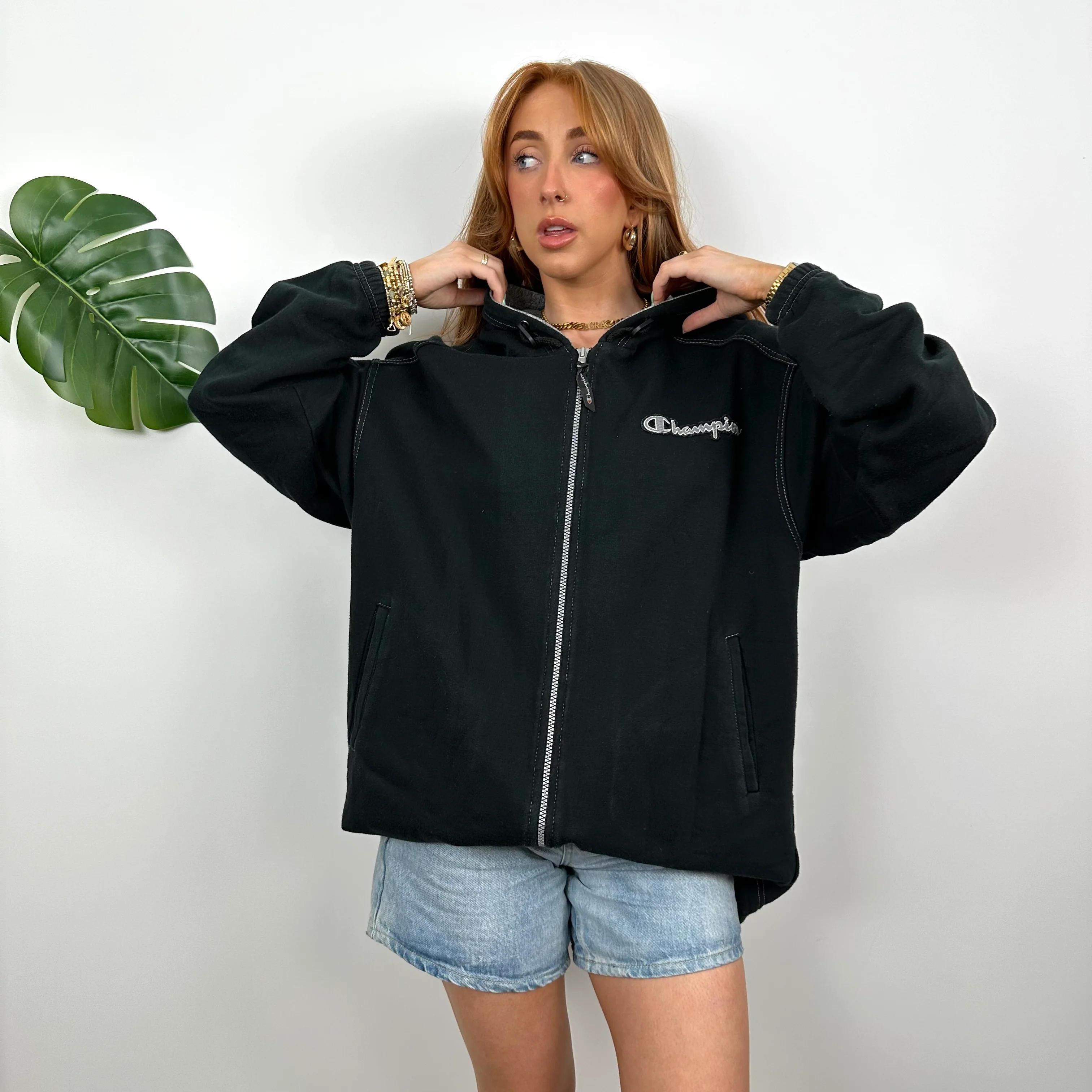Champion RARE Black Embroidered Spell Out Zip Up Sweatshirt (S) - Image 6