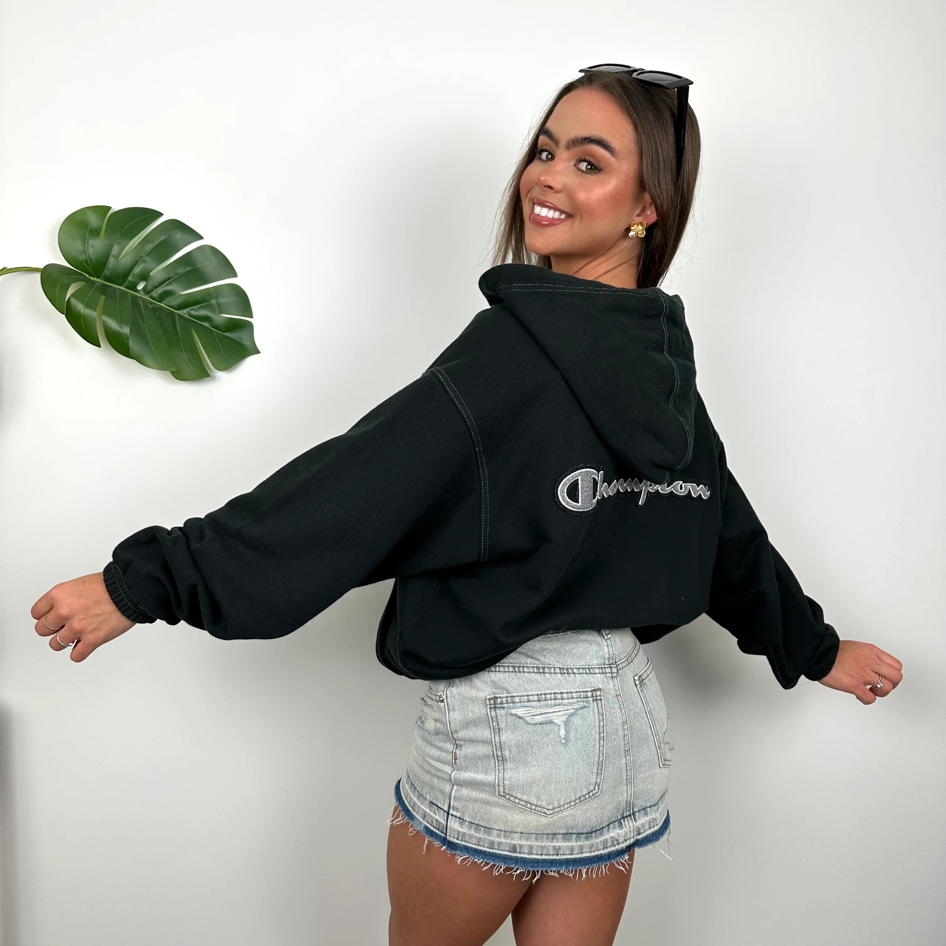 Champion RARE Black Embroidered Spell Out Zip Up Sweatshirt (S) - Image 3