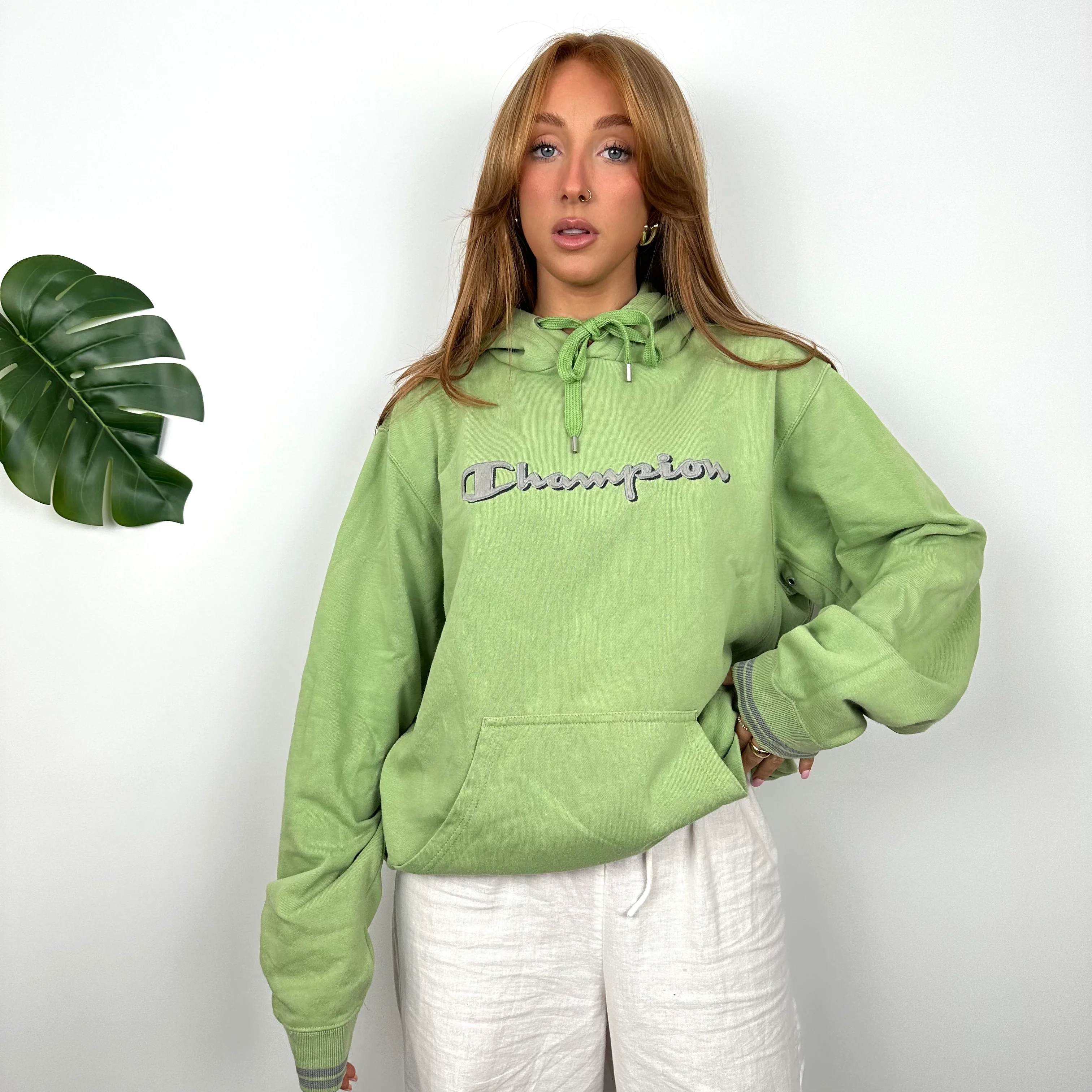 Champion RARE Green Embroidered Spell Out Hoodie (M) - Image 3
