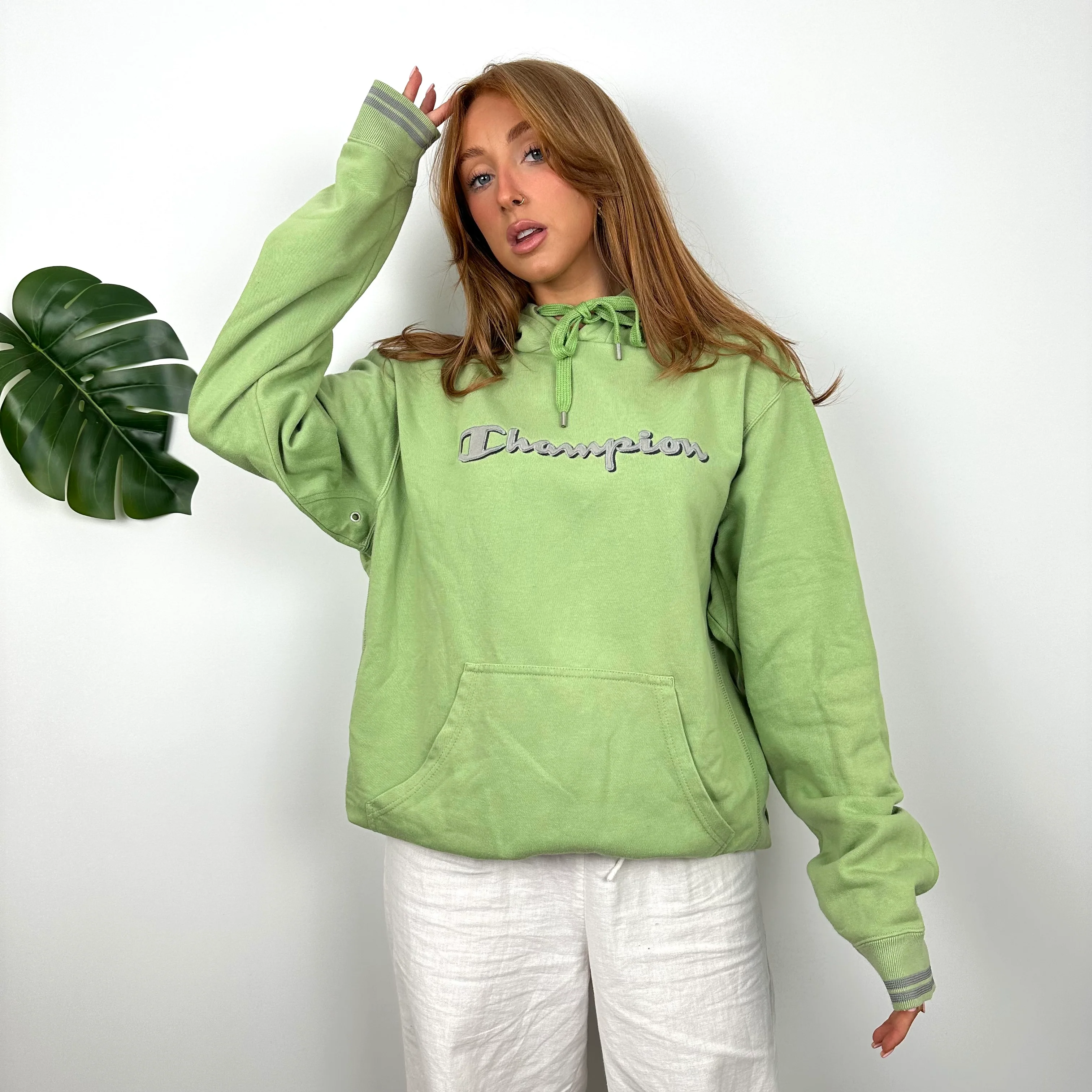 Champion RARE Green Embroidered Spell Out Hoodie (M) - Image 4