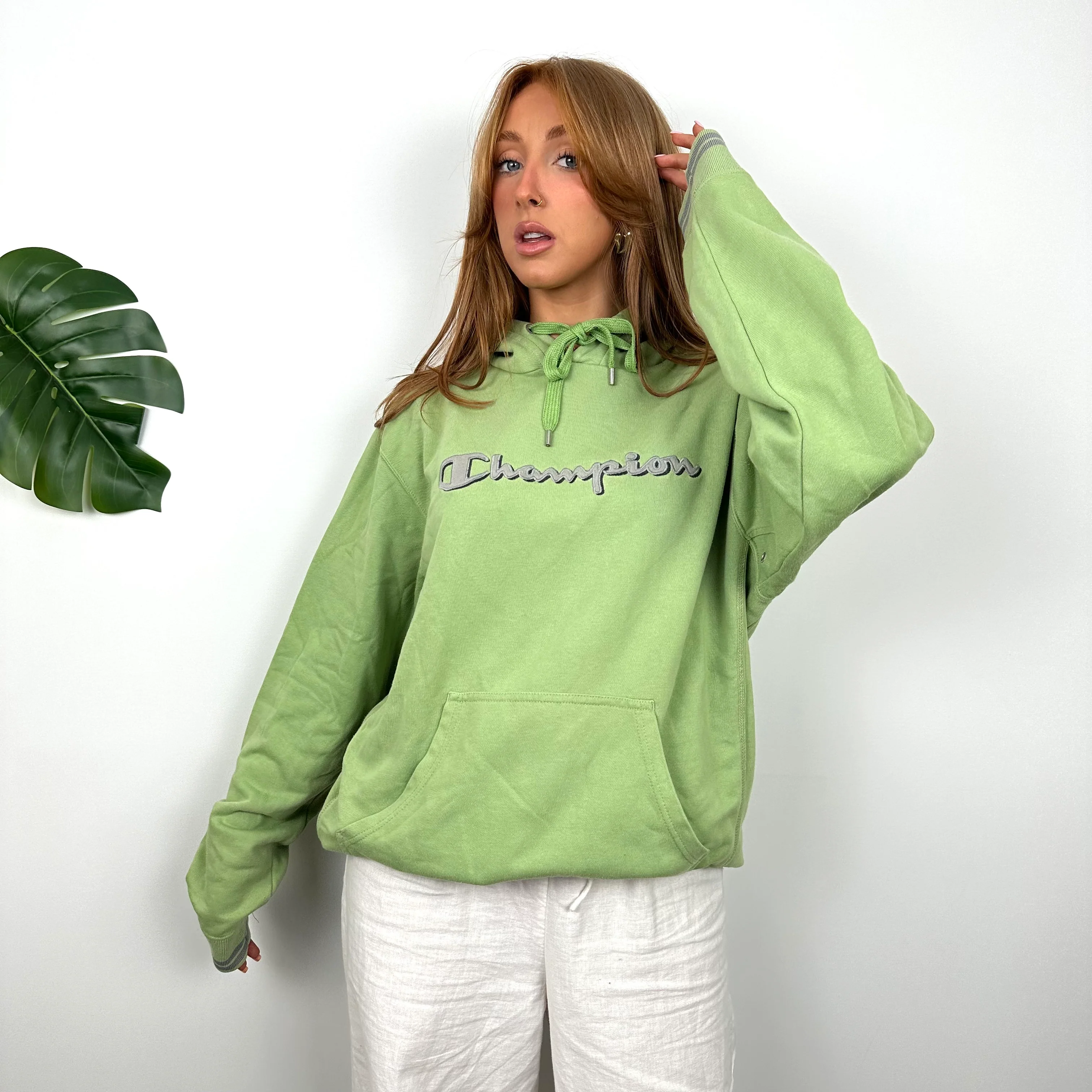Champion RARE Green Embroidered Spell Out Hoodie (M) - Image 5