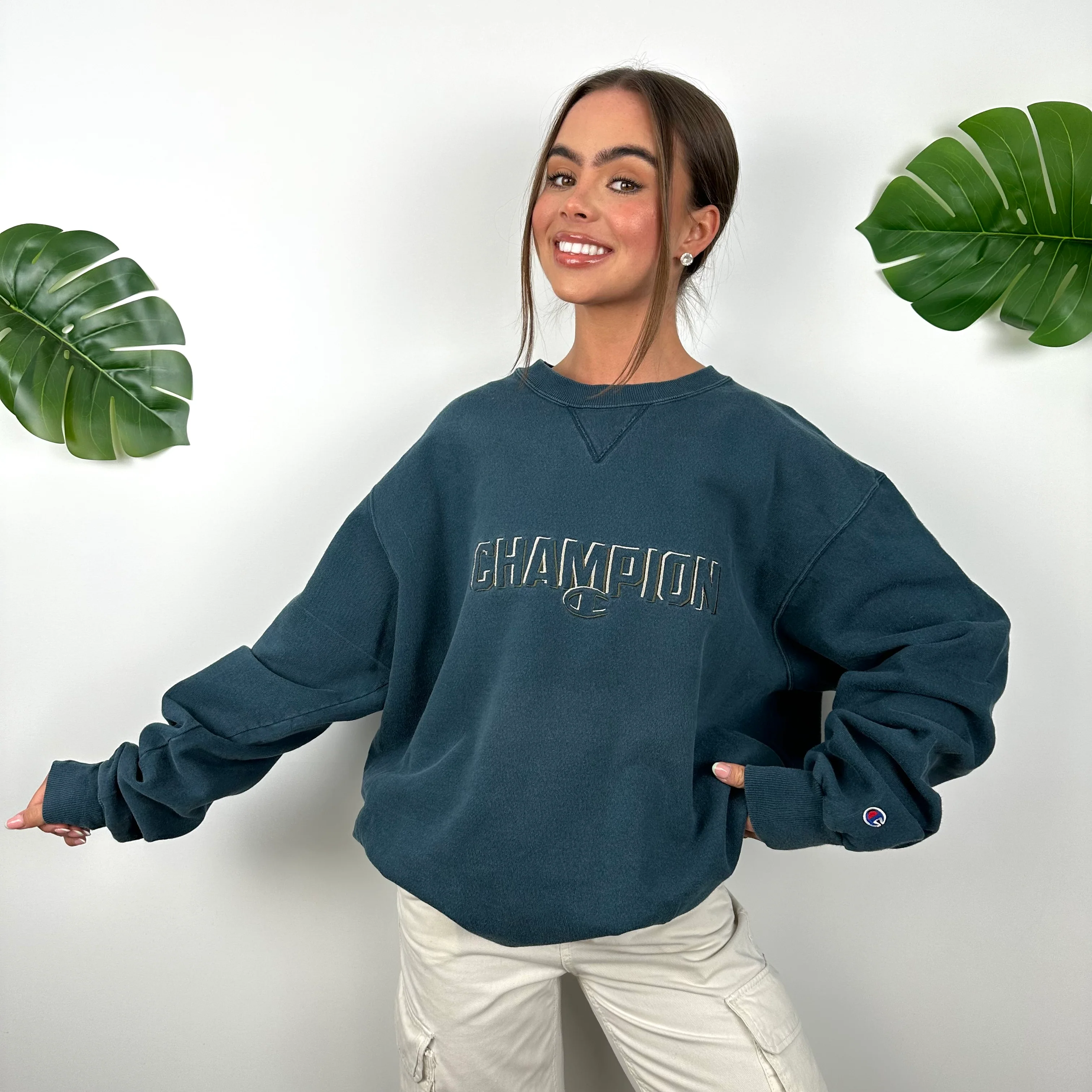 Champion Turquoise Blue Embroidered Spell Out Sweatshirt (L) - Image 3