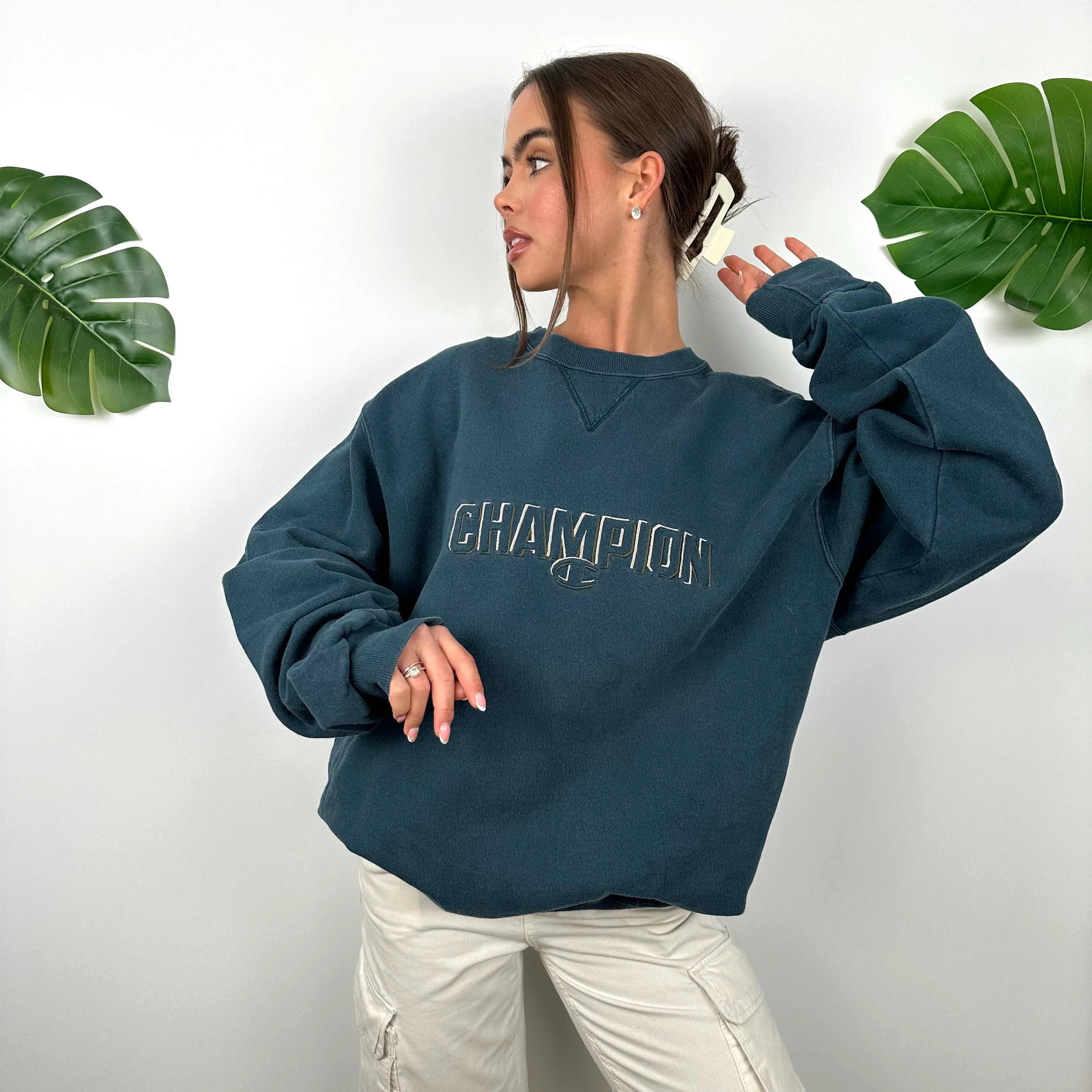 Champion Turquoise Blue Embroidered Spell Out Sweatshirt (L) - Image 4