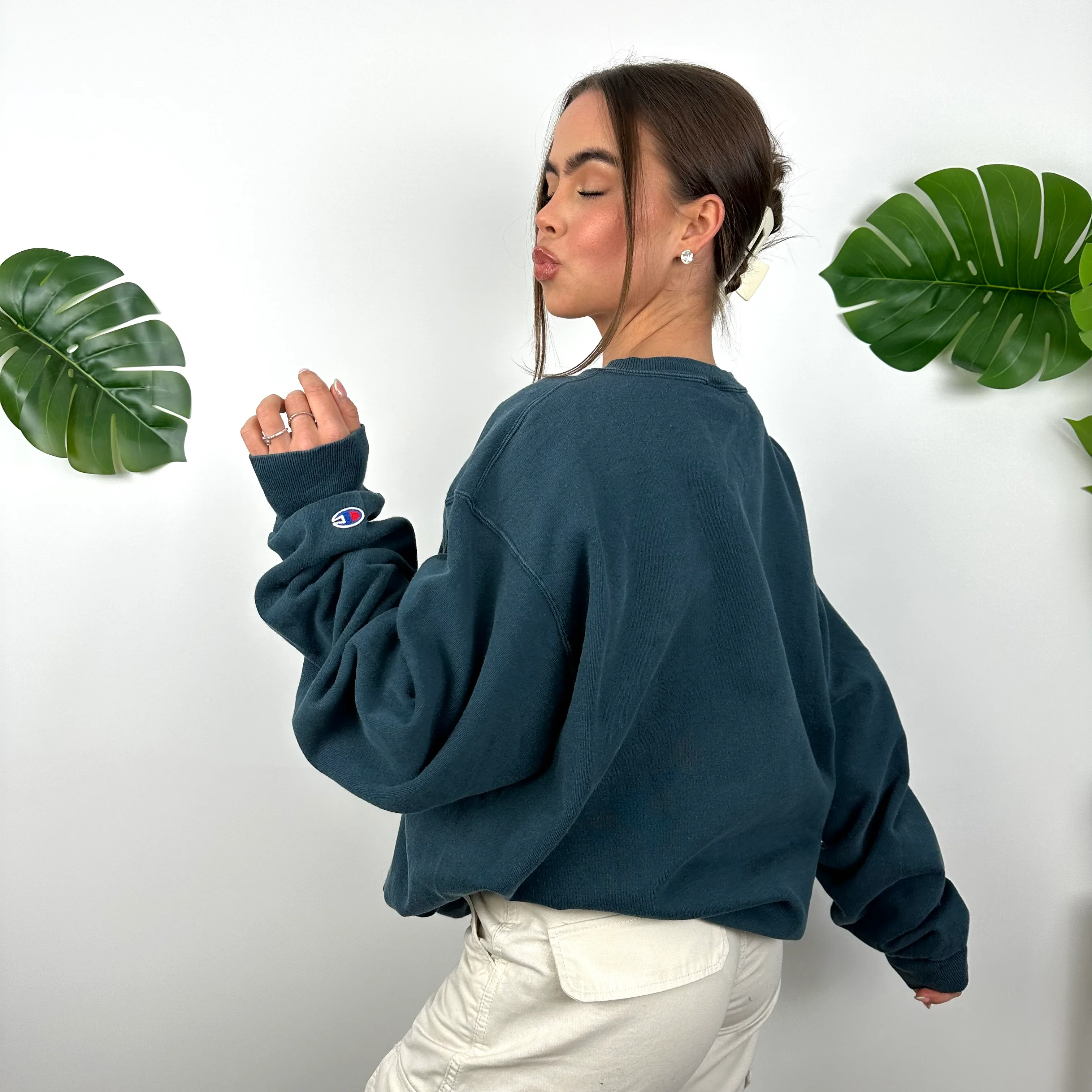 Champion Turquoise Blue Embroidered Spell Out Sweatshirt (L) - Image 5