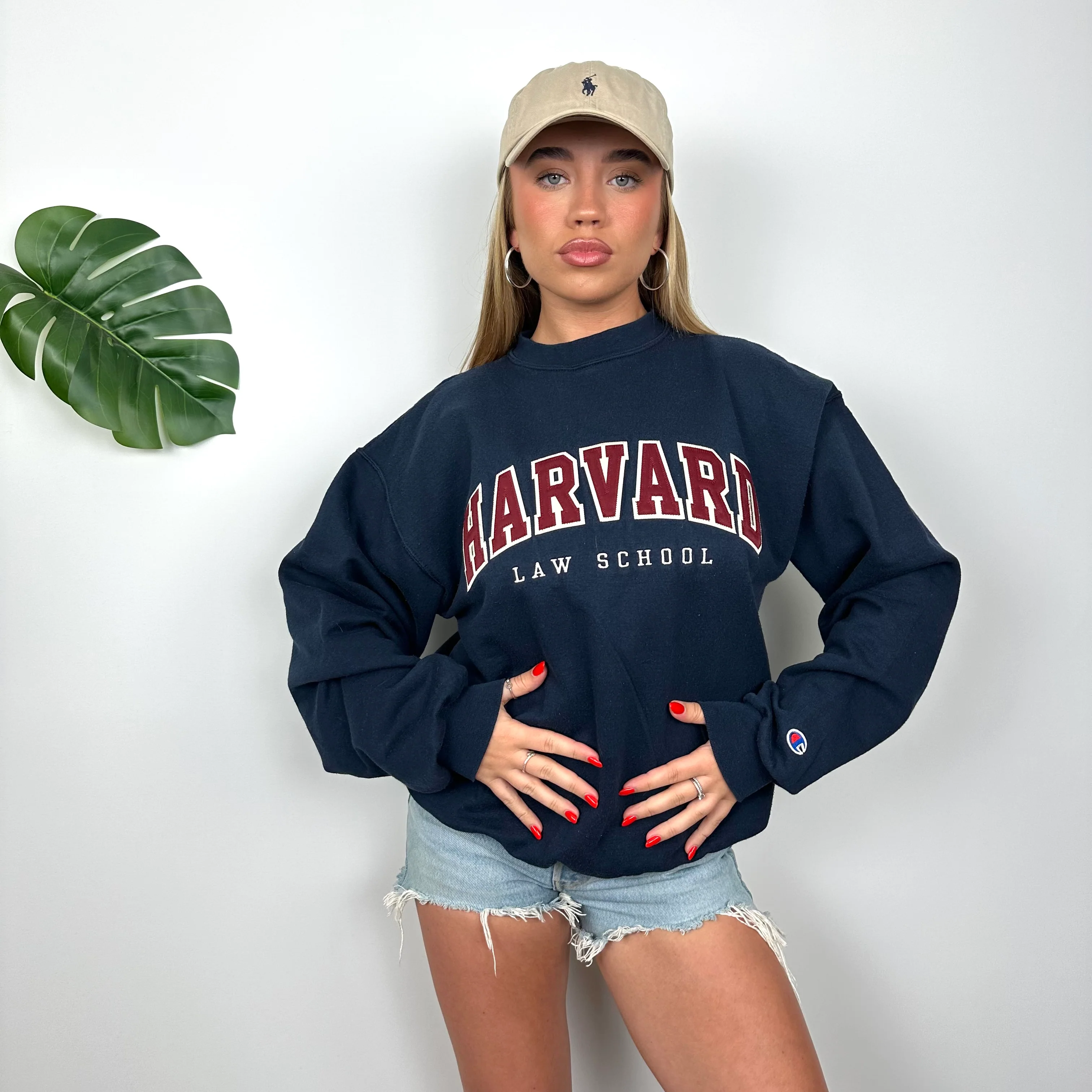 Champion x Harvard Law School RARE Navy Embroidered Spell Out Sweatshirt (M)