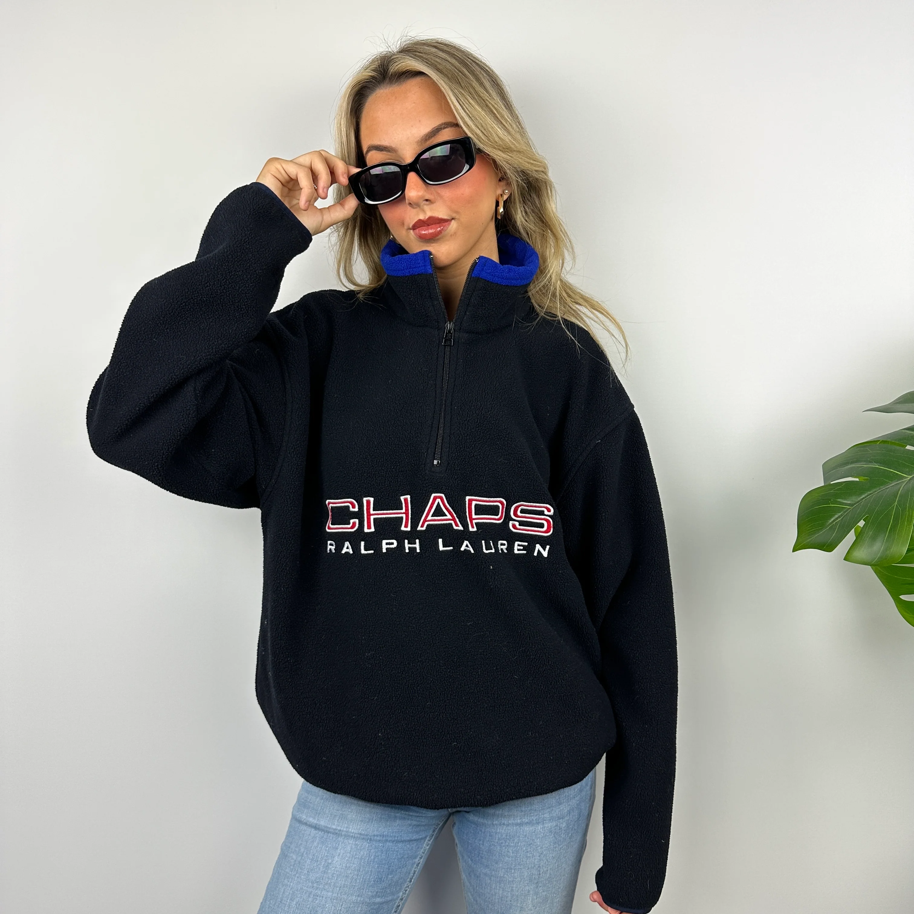 Chaps Ralph Lauren Black Embroidered Spell Out Teddy Bear Fleece Quarter Zip Sweatshirt (M) - Image 4