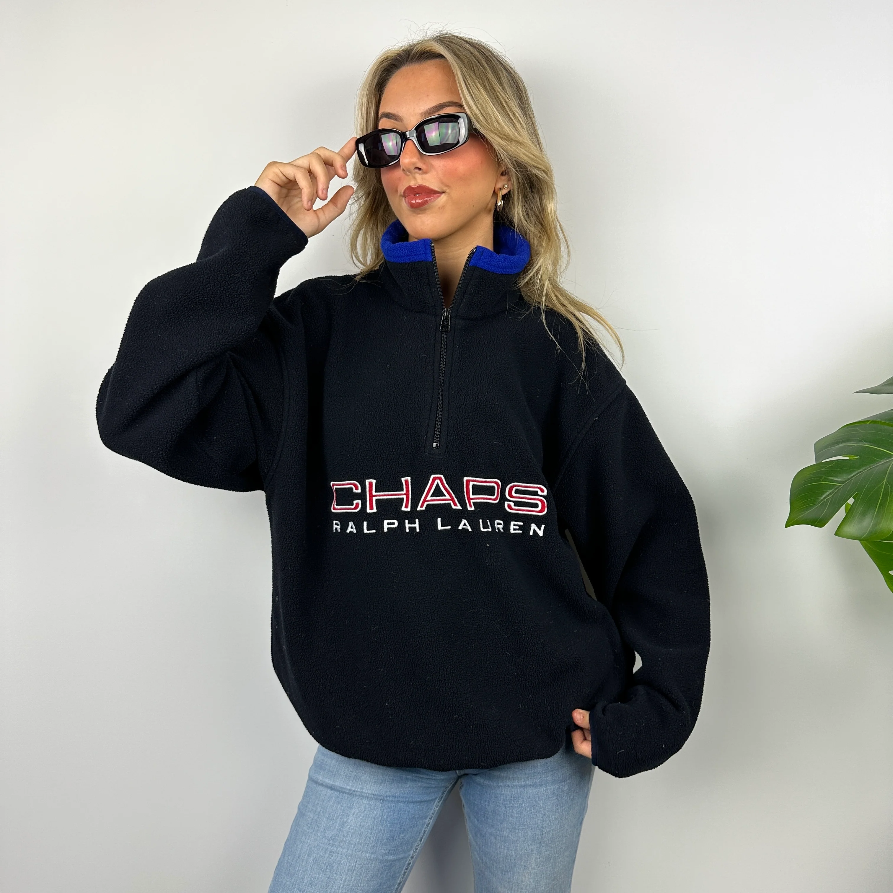 Chaps Ralph Lauren Black Embroidered Spell Out Teddy Bear Fleece Quarter Zip Sweatshirt (M) - Image 7