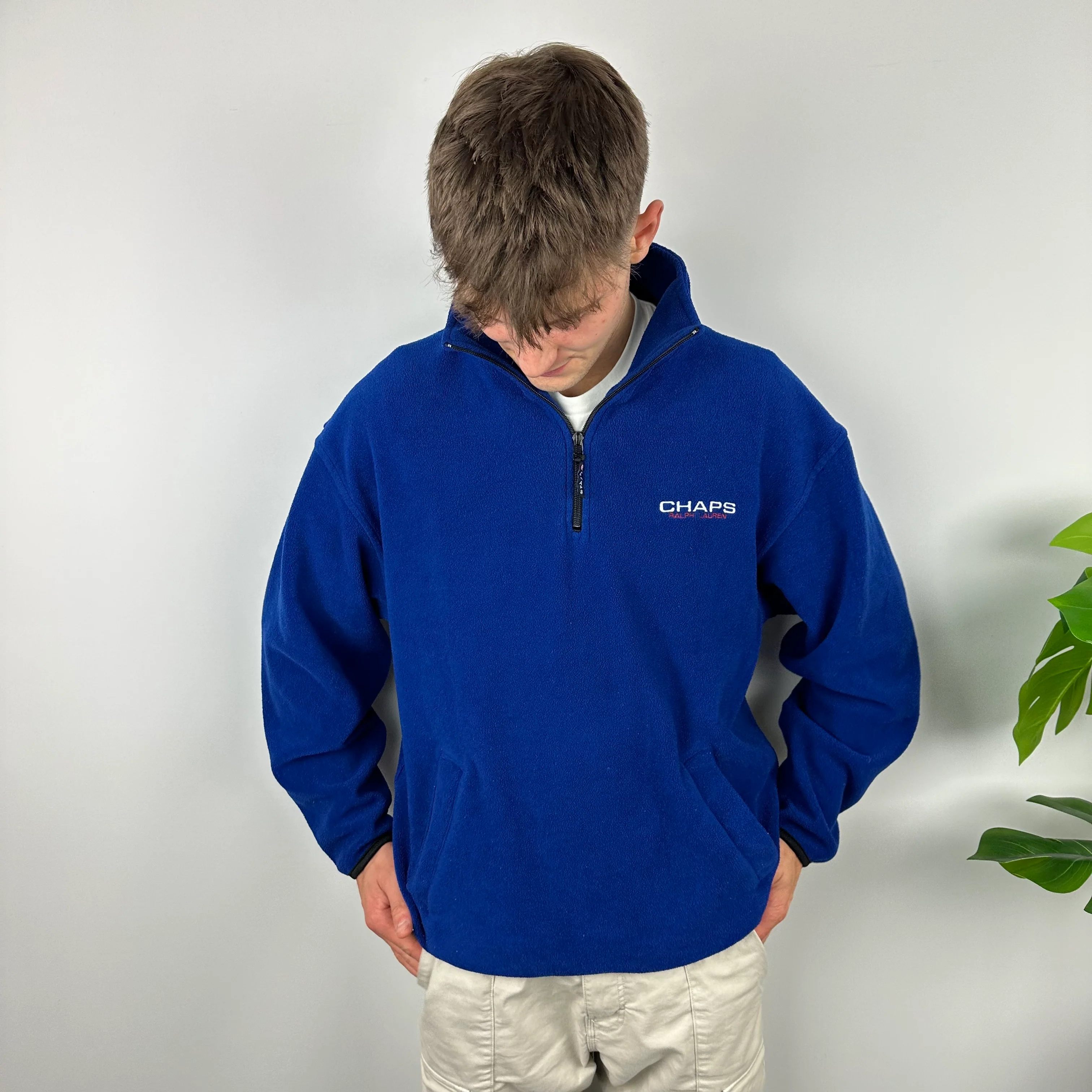 Chaps Ralph Lauren Blue Embroidered Spell Out Teddy Bear Fleece Quarter Zip Sweatshirt (L) - Image 2