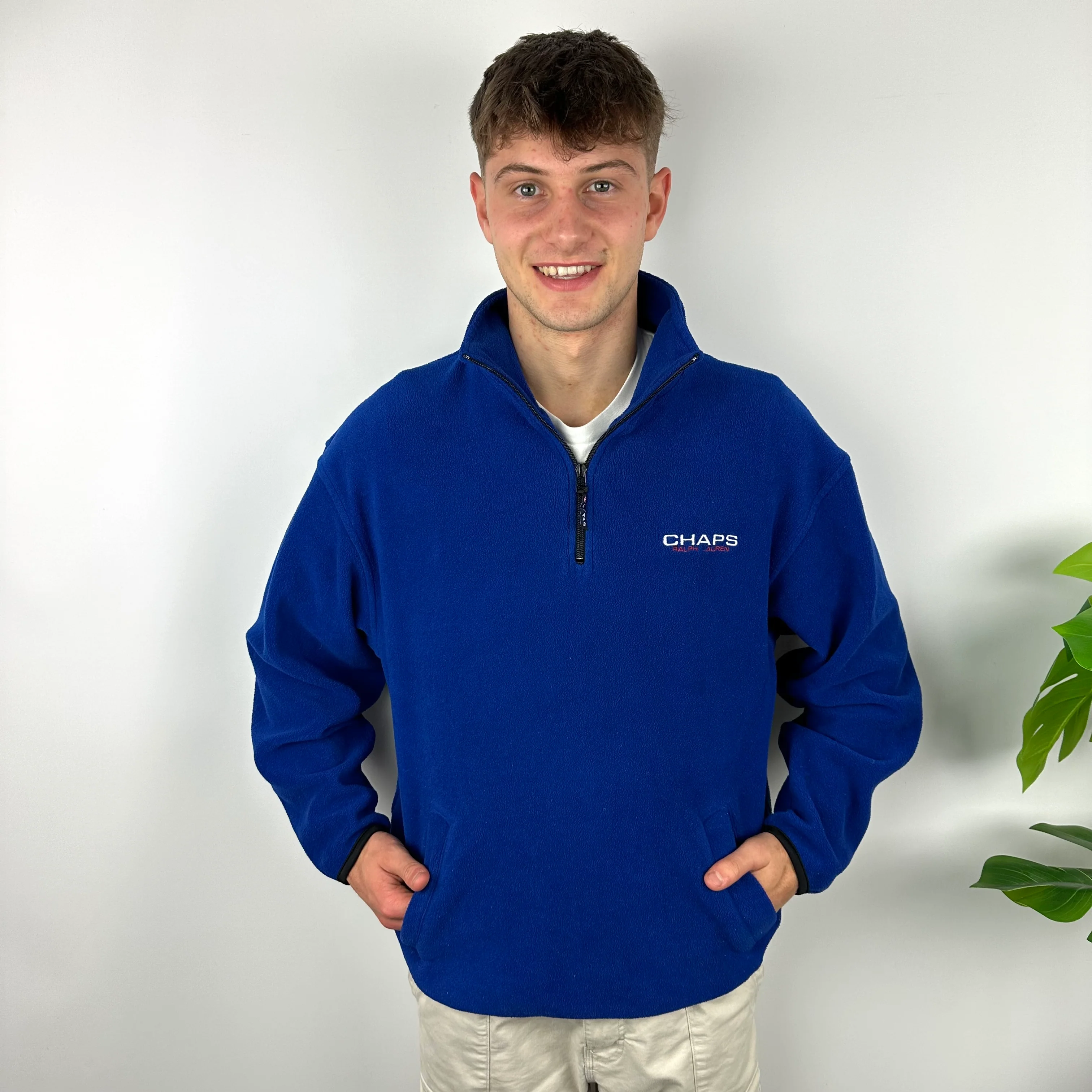 Chaps Ralph Lauren Blue Embroidered Spell Out Teddy Bear Fleece Quarter Zip Sweatshirt (L) - Image 3