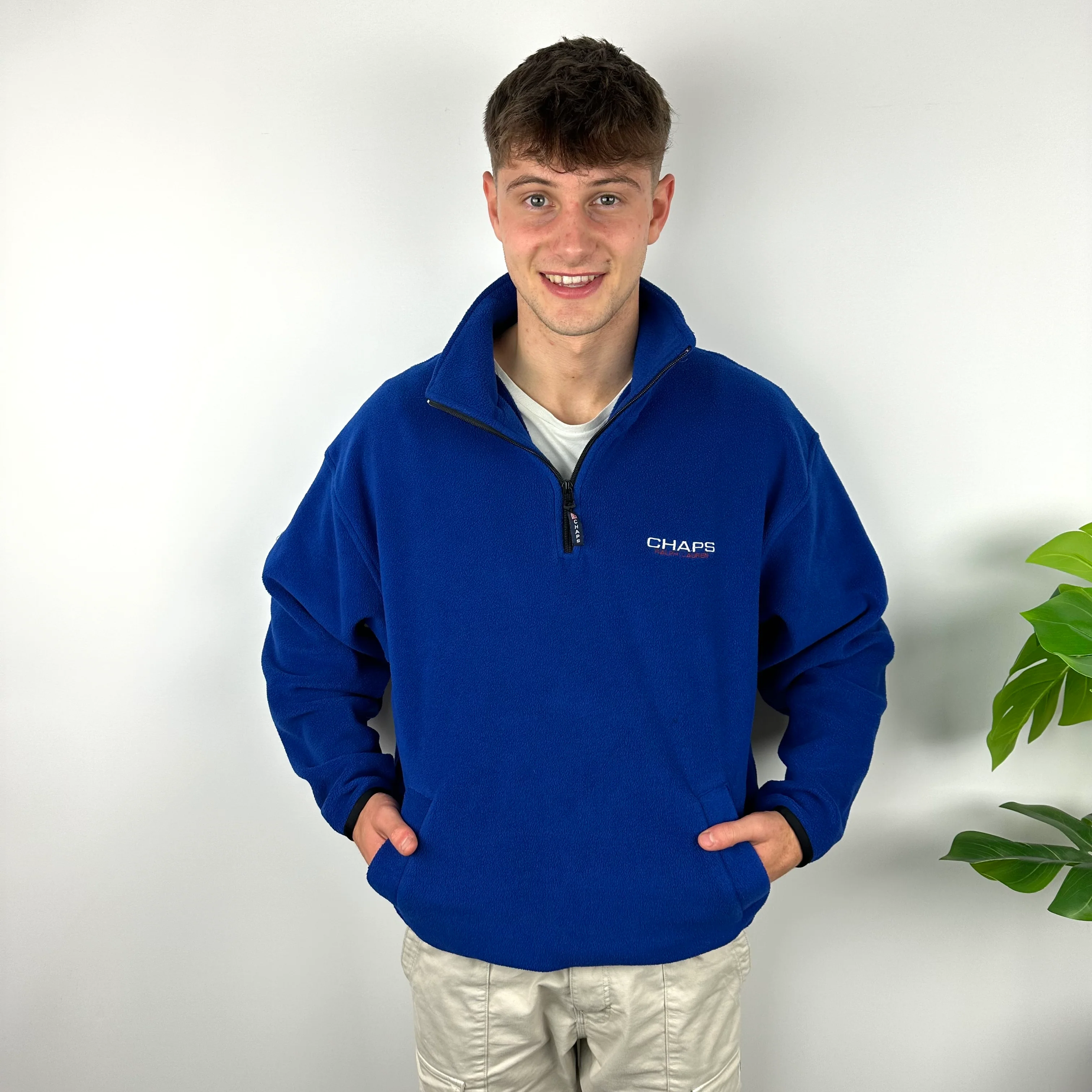 Chaps Ralph Lauren Blue Embroidered Spell Out Teddy Bear Fleece Quarter Zip Sweatshirt (L) - Image 3