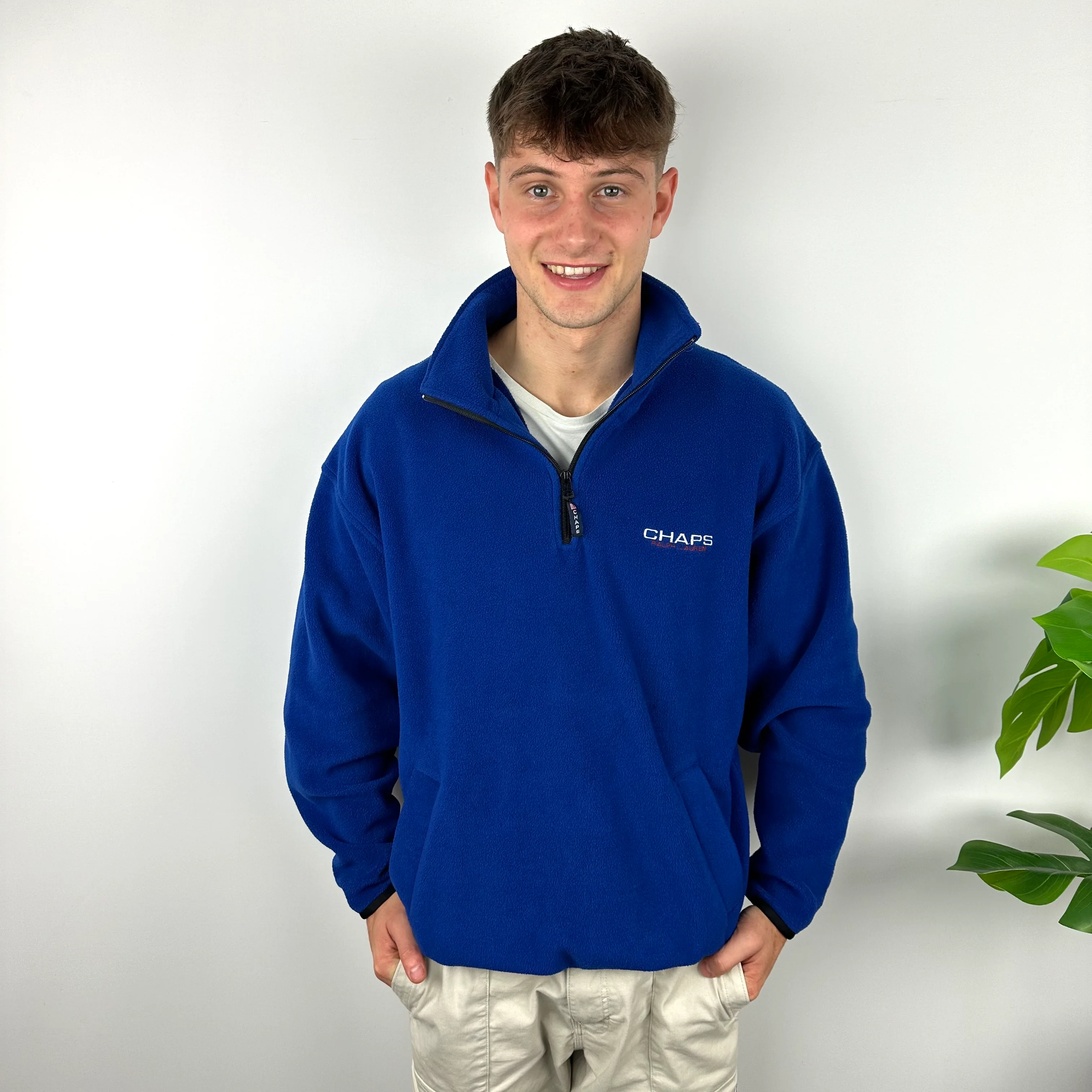 Chaps Ralph Lauren Blue Embroidered Spell Out Teddy Bear Fleece Quarter Zip Sweatshirt (L) - Image 8