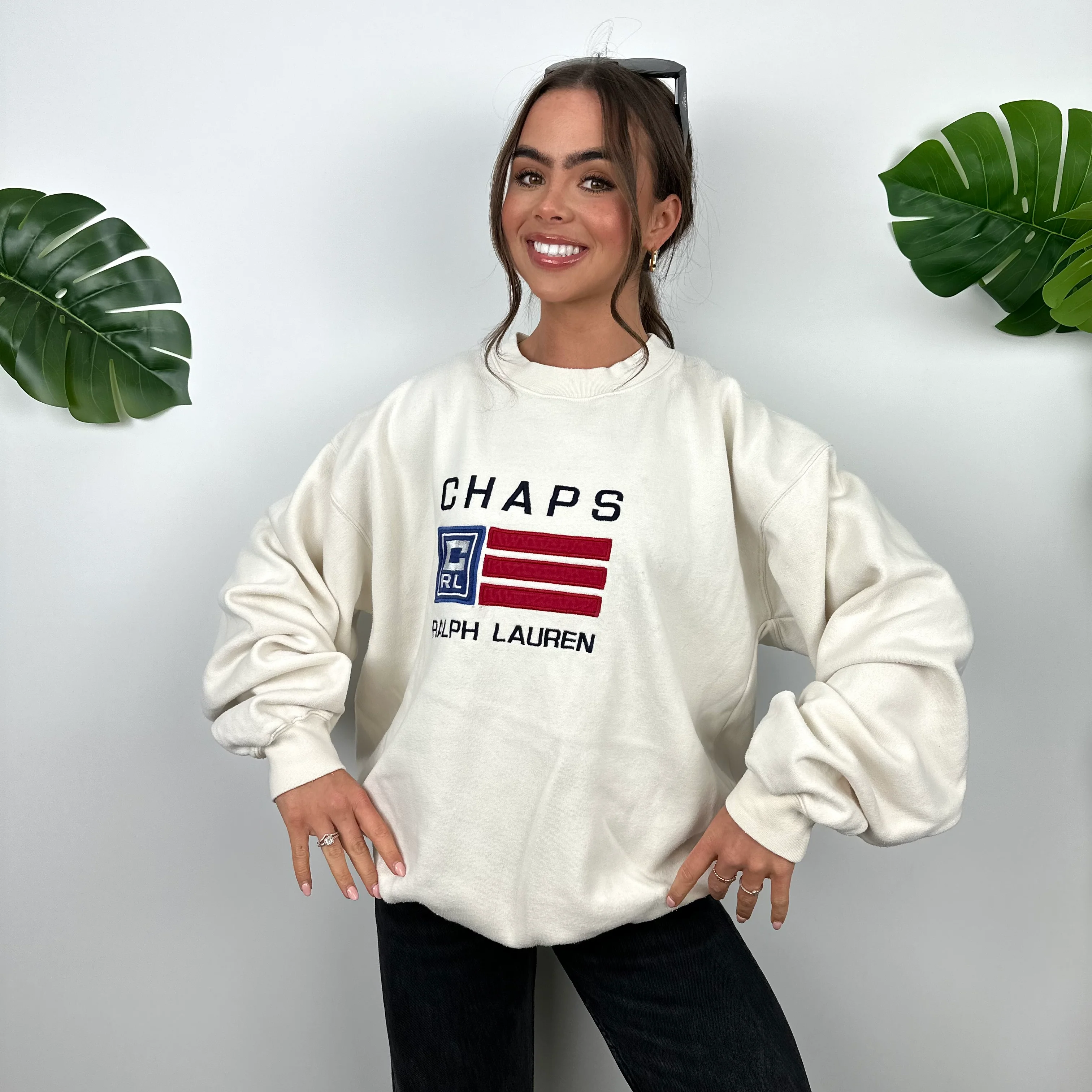Chaps Ralph Lauren Cream Embroidered Spell Out Sweatshirt (XL) - Image 2