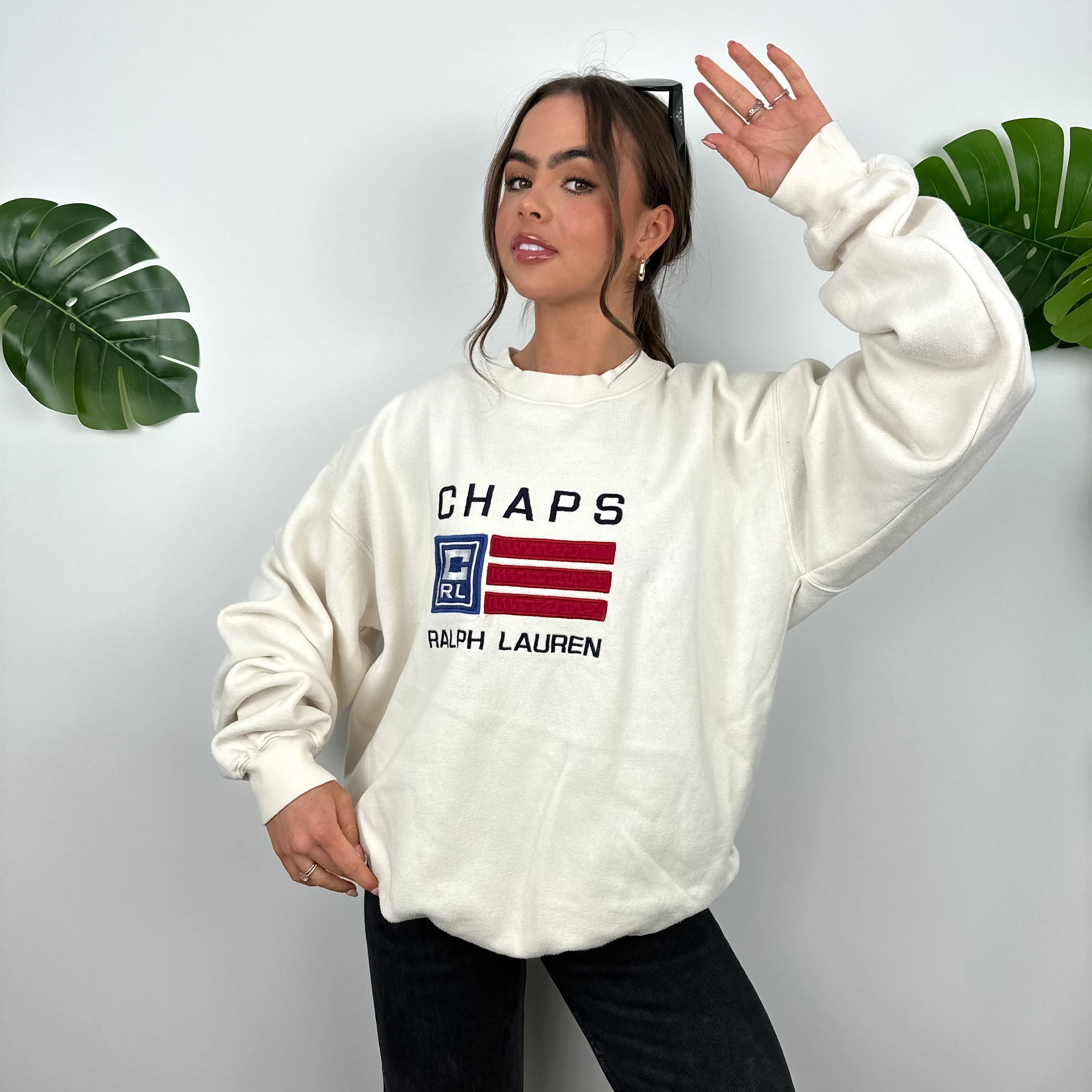 Chaps Ralph Lauren Cream Embroidered Spell Out Sweatshirt (XL) - Image 3