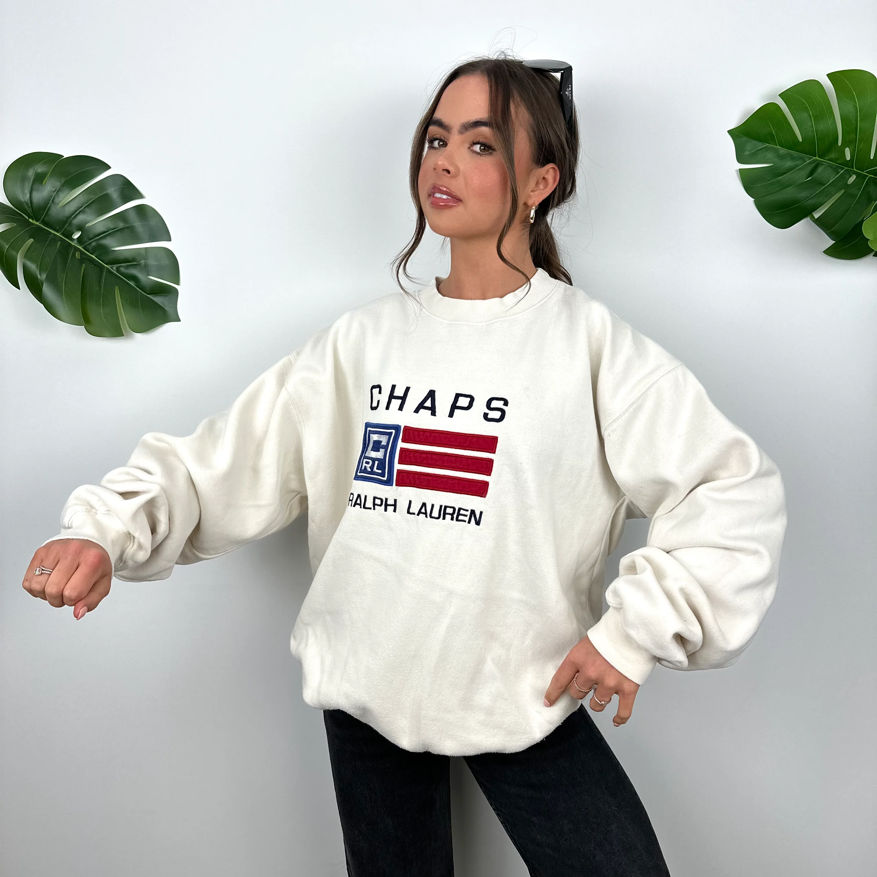Chaps Ralph Lauren Cream Embroidered Spell Out Sweatshirt (XL) - Image 6