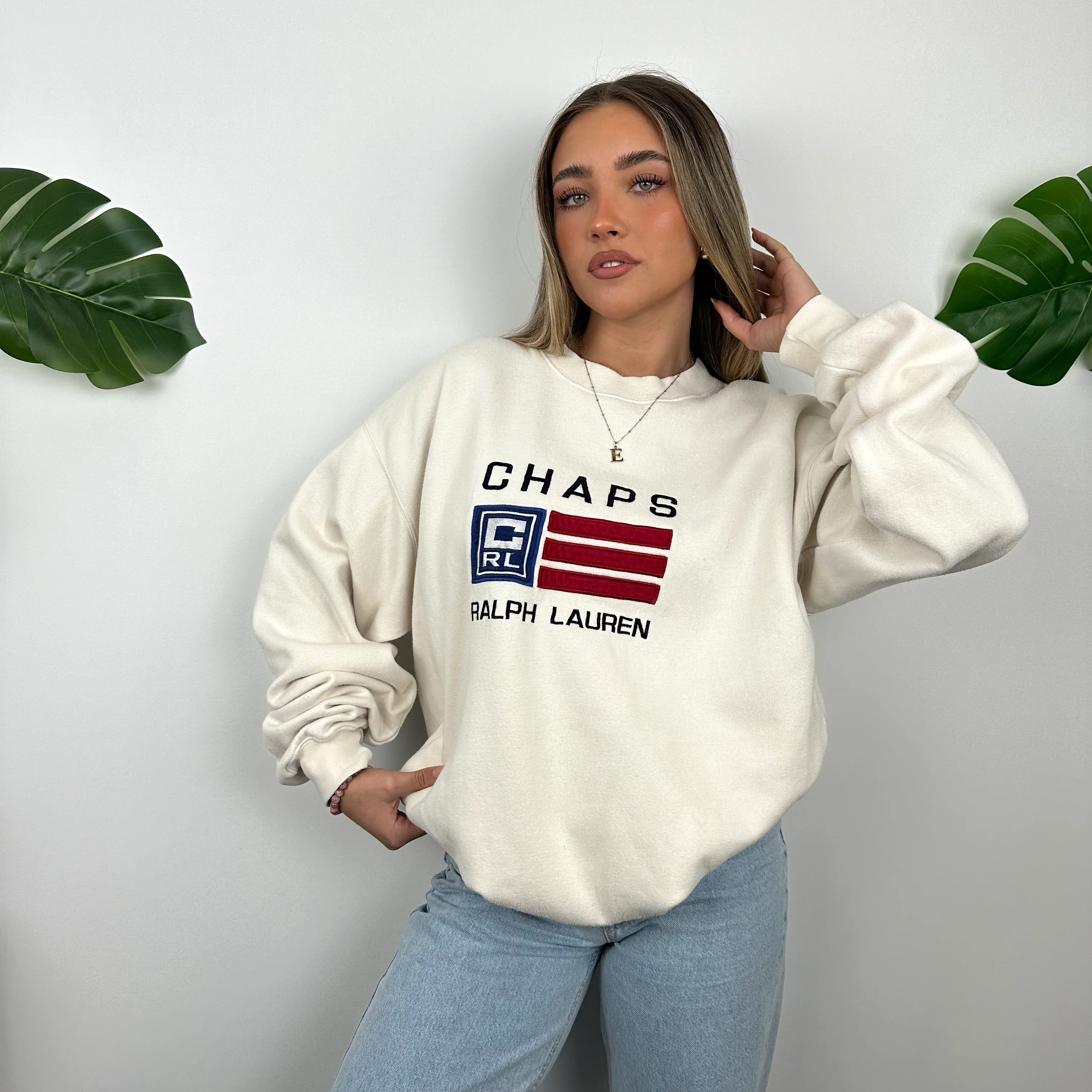 Chaps Ralph Lauren Cream Embroidered Spell Out Sweatshirt (XL) - Image 2
