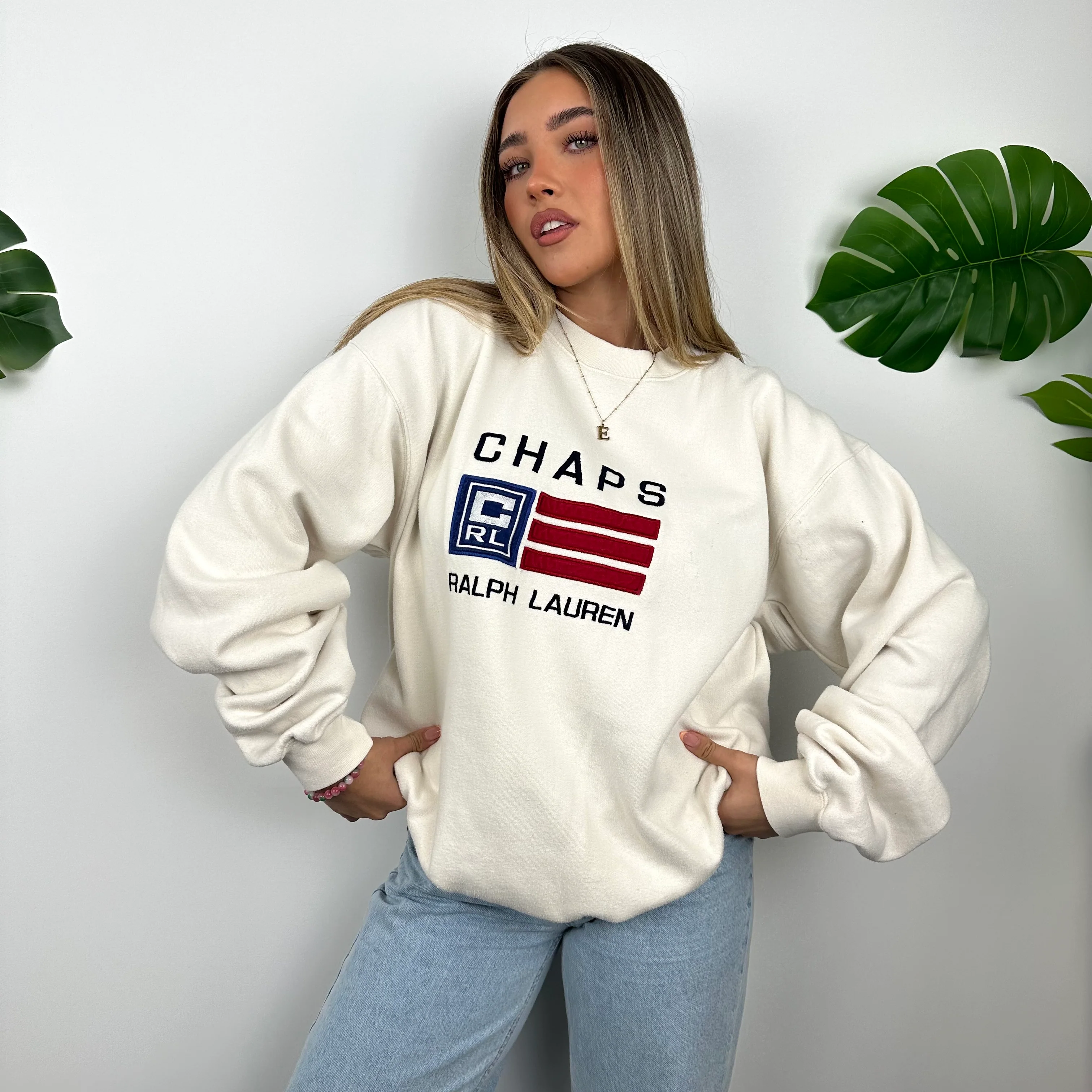 Chaps Ralph Lauren Cream Embroidered Spell Out Sweatshirt (XL) - Image 6