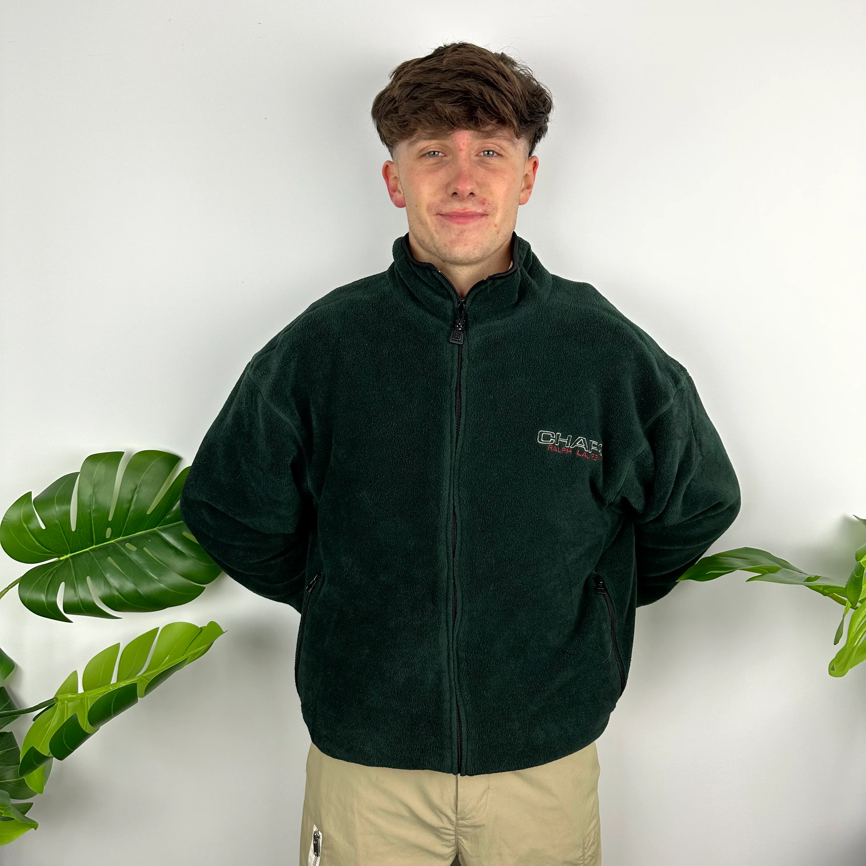 Chaps Ralph Lauren Green Embroidered Spell Out Teddy Bear Fleece Jacket (L) - Image 6