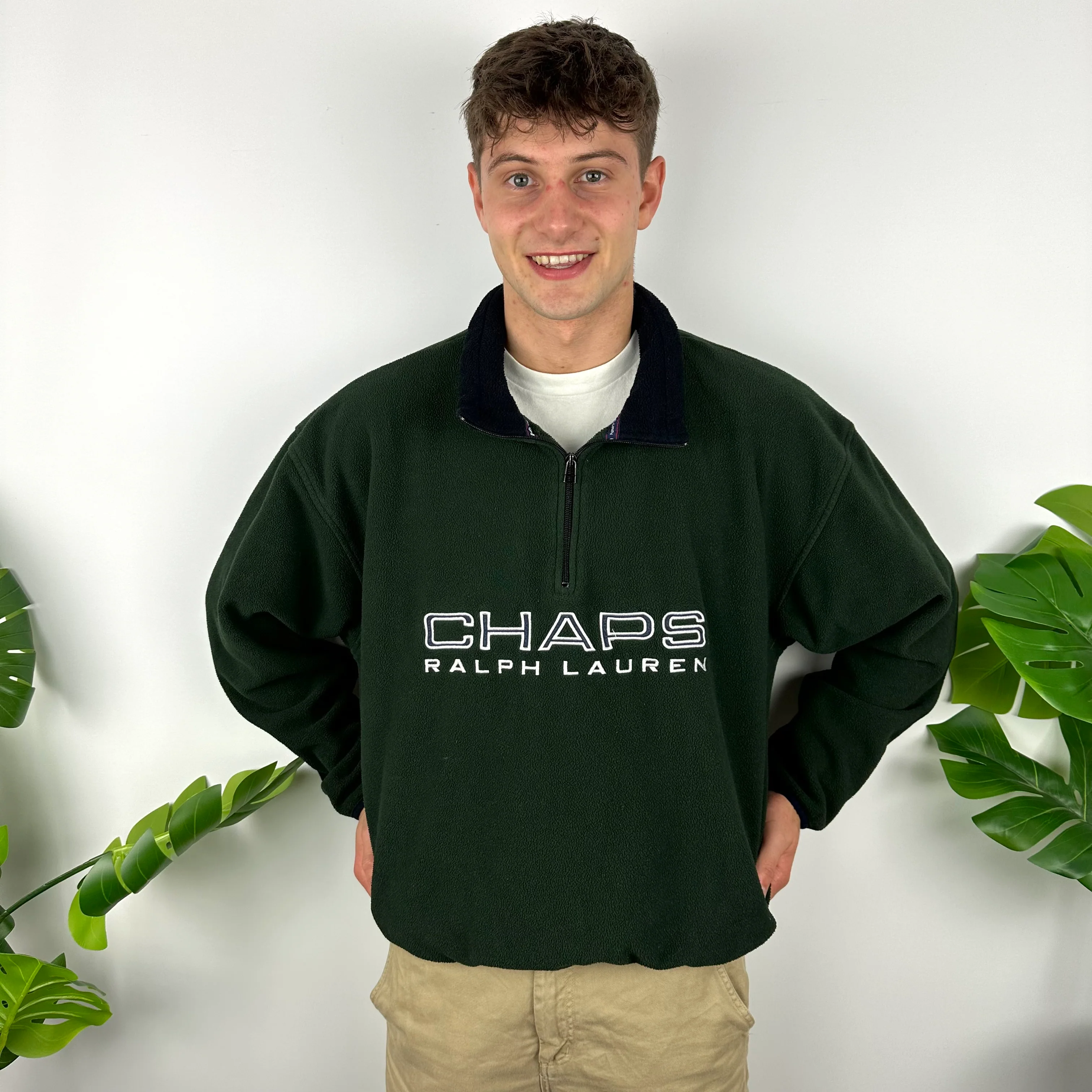 Chaps Ralph Lauren Green Embroidered Spell Out Teddy Bear Fleece Quarter Zip Sweatshirt (M) - Image 2
