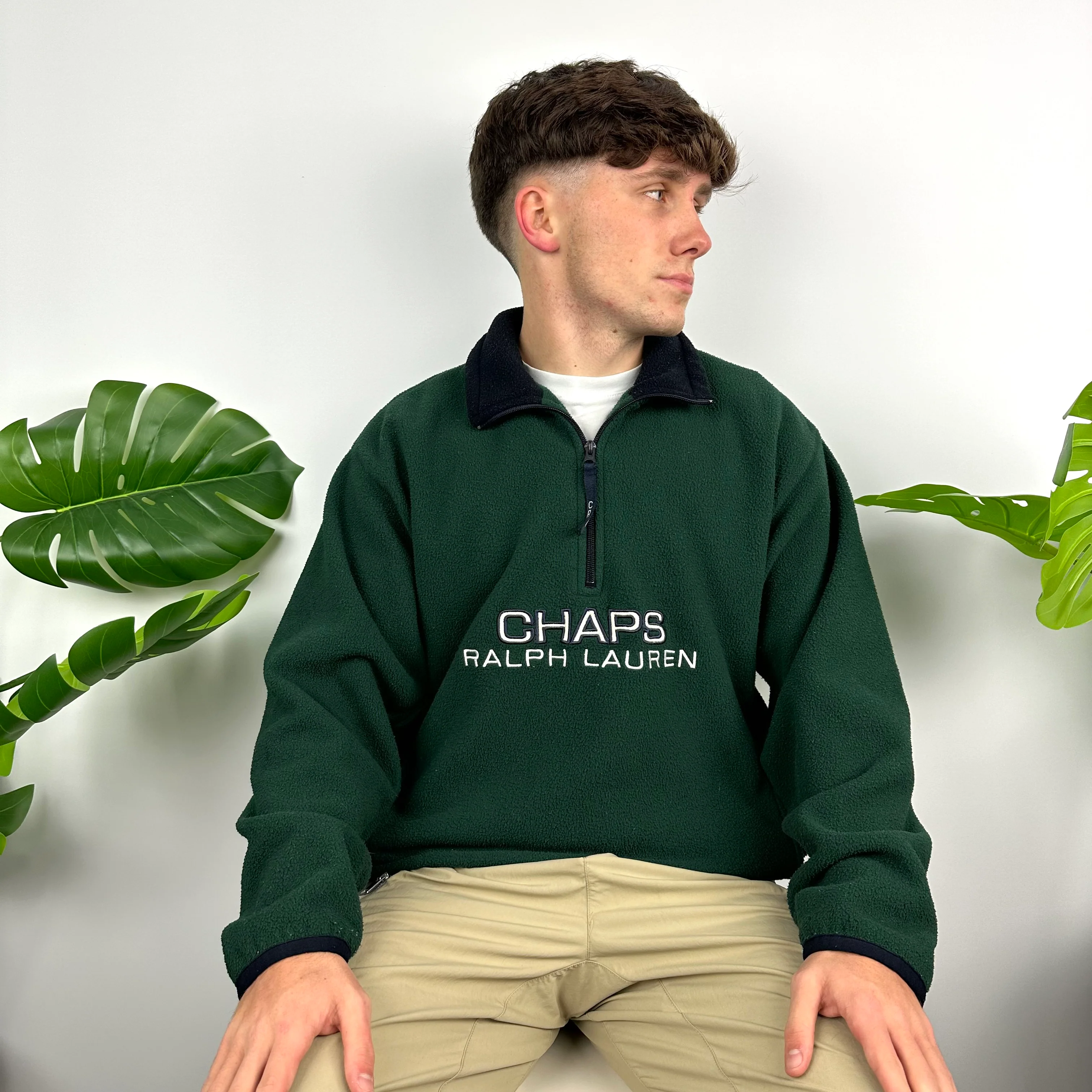 Chaps Ralph Lauren Green Embroidered Spell Out Teddy Bear Fleece Quarter Zip Sweatshirt (M) - Image 10