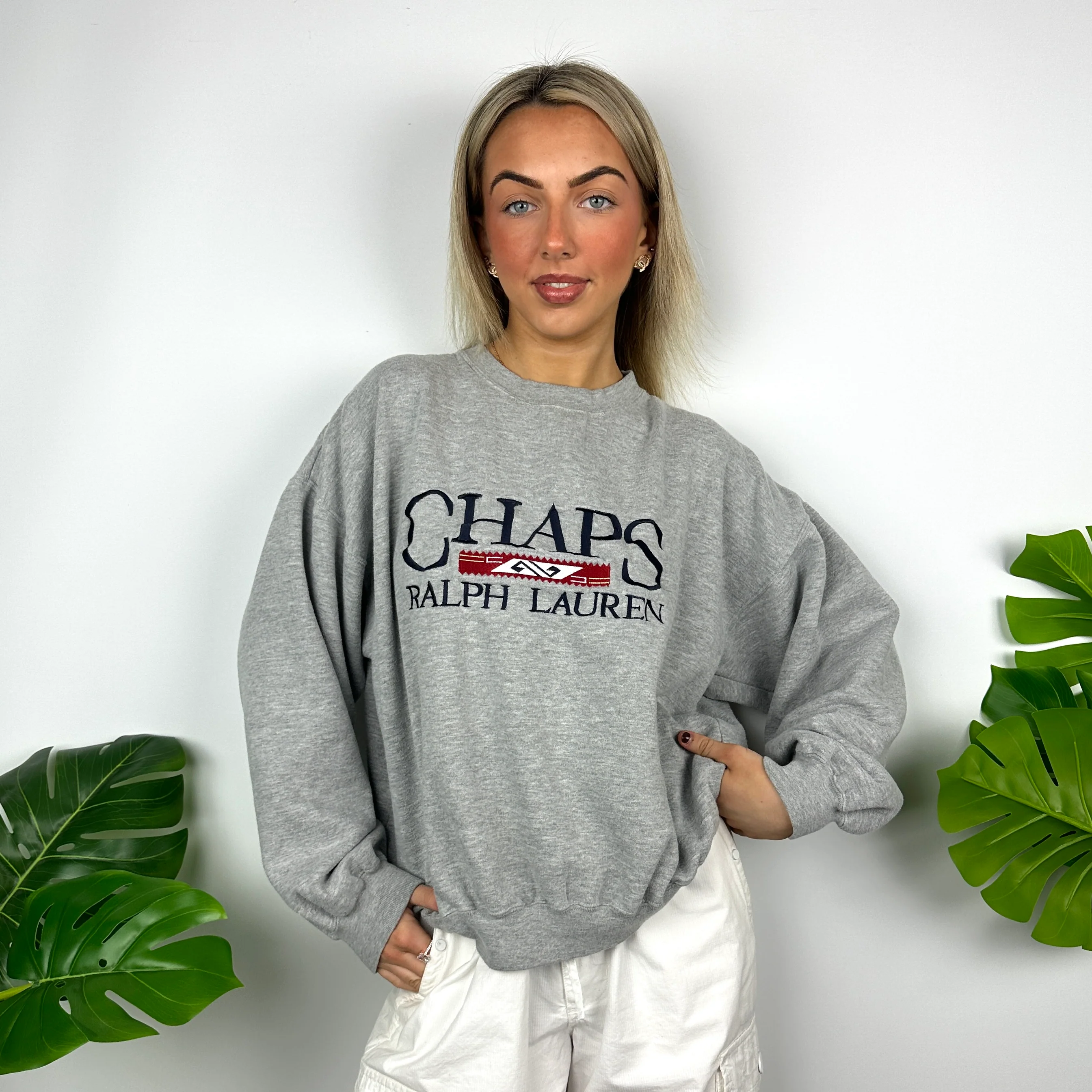 Chaps Ralph Lauren Grey Embroidered Spell Out Sweatshirt (M) - Image 2